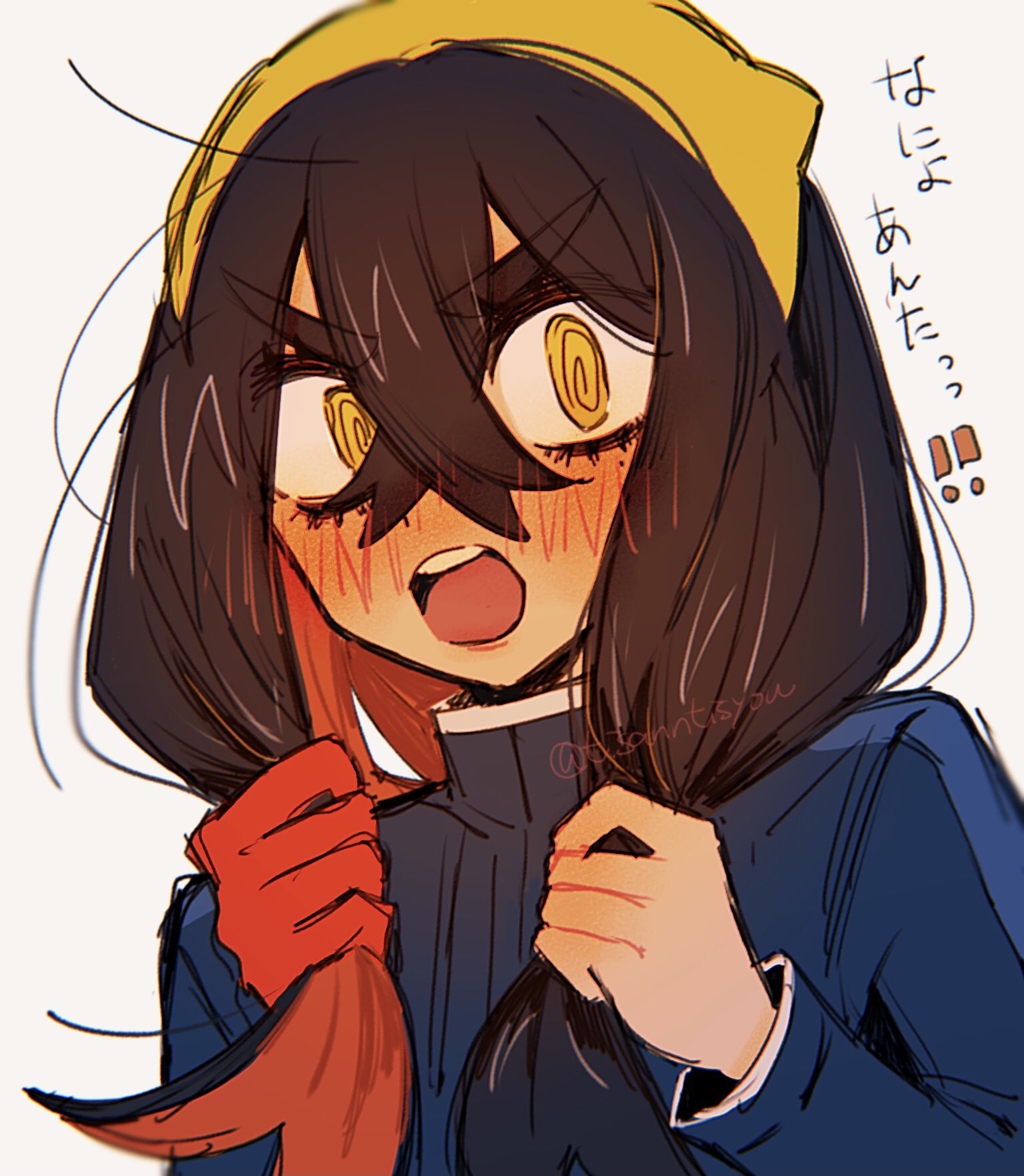 tisanntisyou, carmine (pokemon), nintendo, pokemon, pokemon sv, commentary request, highres, translation request, 1girl, @ @, black hair, blue jacket, blush, bunching hair, crossed bangs, gloves, grey background, hair between eyes, hairband, jacket, long hair, long sleeves, looking at viewer, mole, mole under eye, multicolored hair, open mouth, red gloves, red hair, simple background, single glove, solo, upper body, yellow eyes, yellow hairband
