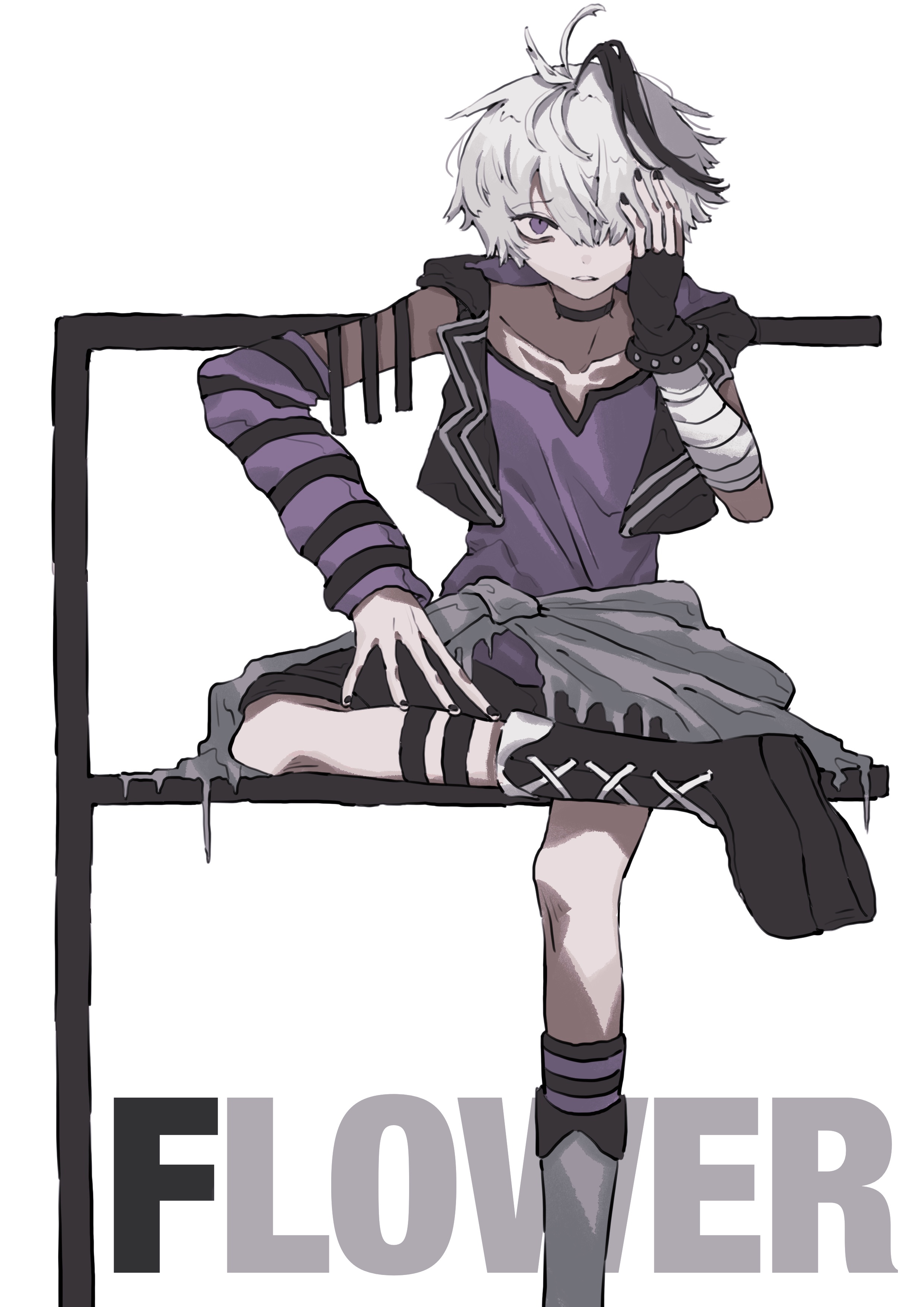 lankilanki, flower (vocaloid), flower (vocaloid4), vocaloid, absurdres, highres, 1girl, androgynous, bags under eyes, bandaged arm, bandages, black boots, black jacket, black nails, black streaks, boots, character name, collarbone, cropped jacket, detached sleeves, fingerless gloves, gloves, hair over one eye, hand on own face, hand on own leg, hood, hood down, jacket, looking at viewer, multicolored hair, purple eyes, purple shirt, shirt, short hair, sitting, striped arm warmers, white hair