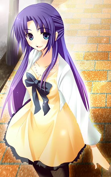 minase kuuru, asakura ryoko, suzumiya haruhi no yuuutsu, duplicate, non-web source, resized, 00s, blue eyes, blue hair, dress, jewelry, long hair, necklace, pantyhose, solo
