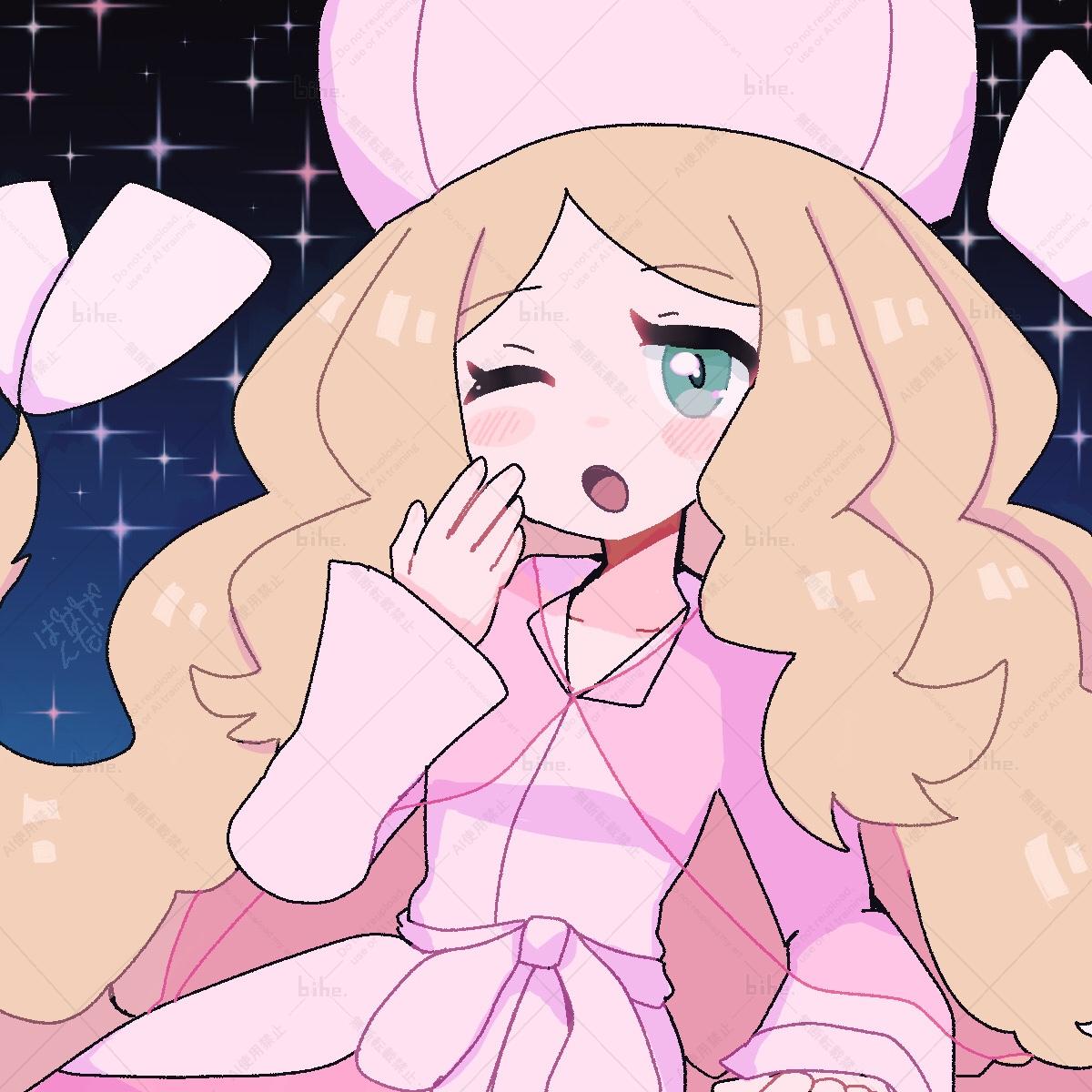 pandakokkopanda, caitlin (pokemon), nintendo, pokemon, pokemon bw, highres, 1girl, ;o, blonde hair, cape, dress, hat, long hair, long sleeves, looking at viewer, one eye closed, open mouth, parted bangs, pink cape, pink dress, pink hat, see-through cape, solo, very long hair, yawning