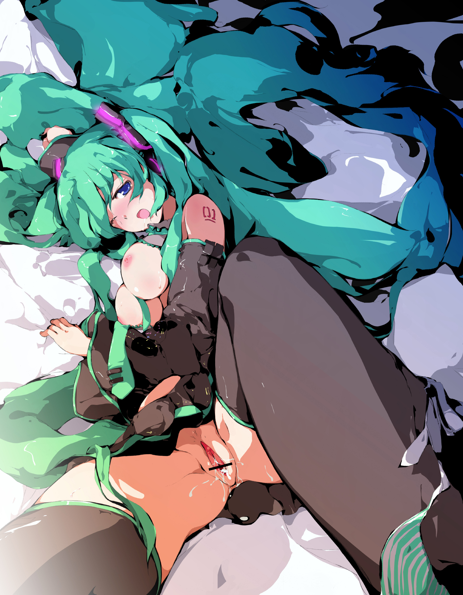 sakura sora, hatsune miku, vocaloid, bad id, bad pixiv id, highres, 1girl, aqua hair, blue eyes, breasts, censored, female focus, long hair, nipples, nude, pussy, solo, thighhighs, wet
