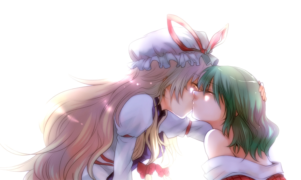 ang, kazami yuuka, yakumo yukari, touhou, plaid, 2girls, backlighting, bare shoulders, blonde hair, couple, female focus, green hair, hat, kiss, long hair, multiple girls, off shoulder, ribbon, short hair, yuri