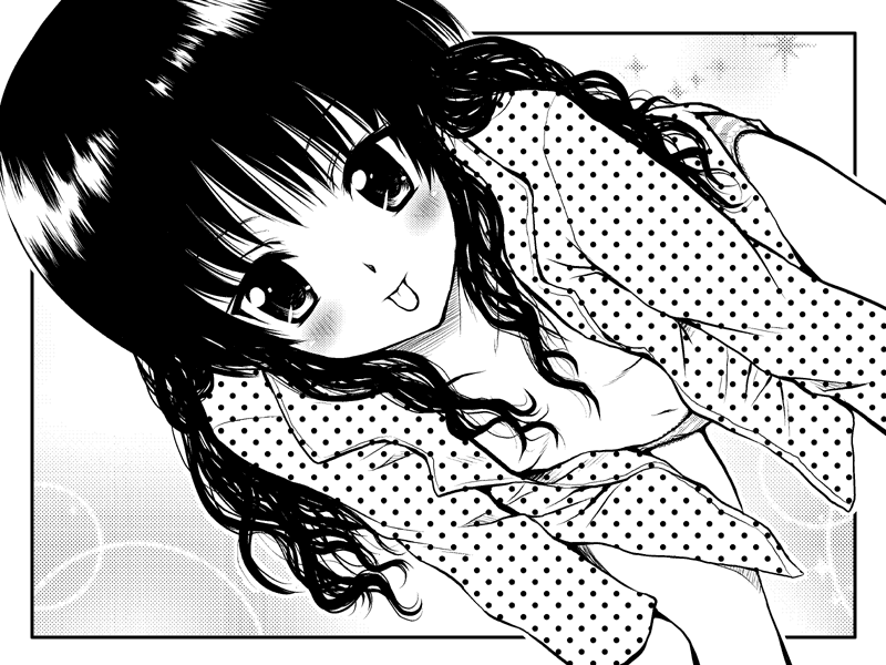 yuki tomoshi, yuuki mikan, to love-ru, 00s, bent over, black hair, blush, bottomless, flat chest, greyscale, long hair, monochrome, navel, no pants, open clothes, open shirt, panties, shirt, solo, tongue, underwear
