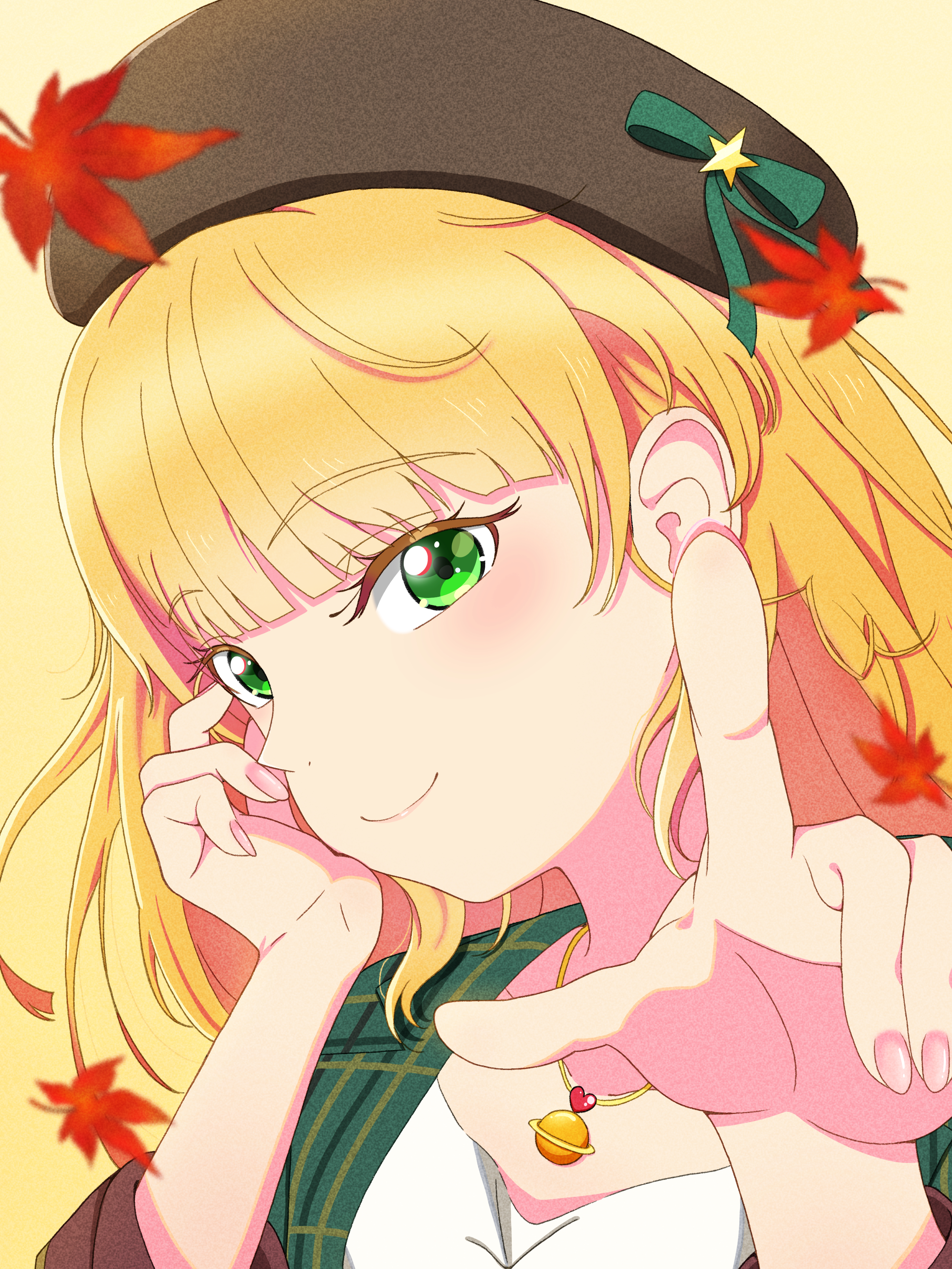 litecolors radi, heanna sumire, love live!, love live! superstar!!, absurdres, commentary request, highres, 1girl, blonde hair, blunt bangs, brown hat, brown jacket, casual, cheek rest, closed mouth, green eyes, green ribbon, hand on own cheek, hand on own face, hat, hat ribbon, jacket, leaf, long hair, long sleeves, looking at viewer, maple leaf, planet necklace, pointing, pointing at viewer, ribbon, smile, solo, upper body, yellow background