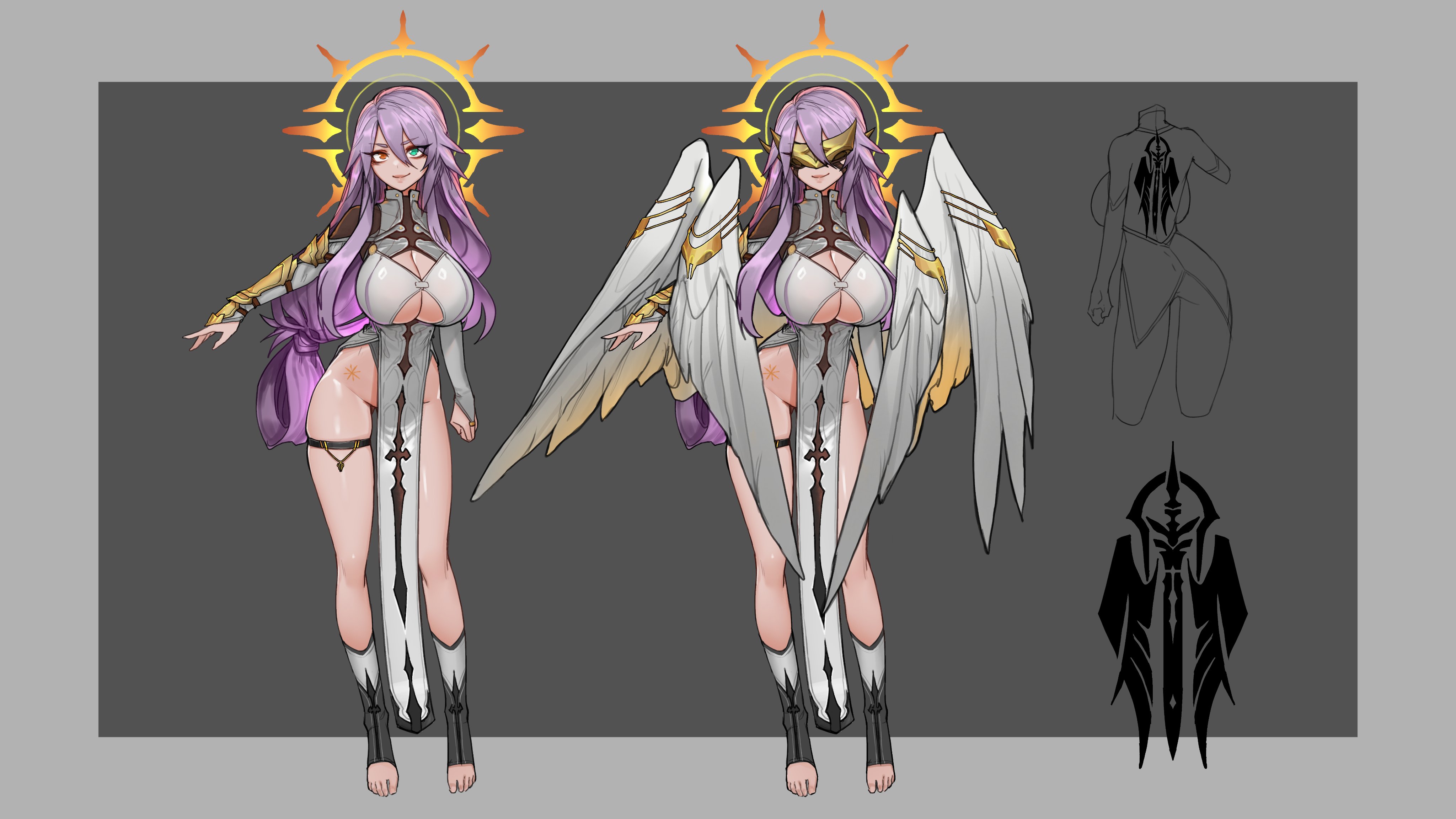 less, original, absurdres, commentary, english commentary, highres, 1girl, angel wings, aqua eyes, back tattoo, bracer, breasts, bridal gauntlets, cleavage, elbow gloves, eyes visible through hair, facing viewer, full body, gloves, gluteal fold, gradient hair, grey background, grey hair, hair between eyes, halo, heterochromia, huge breasts, kneehighs, long hair, looking at viewer, low-tied long hair, multicolored hair, multiple views, multiple wings, no panties, pelvic curtain, red eyes, simple background, skindentation, smile, socks, standing, tattoo, thigh strap, toeless legwear, toes, very long hair, white bridal gauntlets, wings
