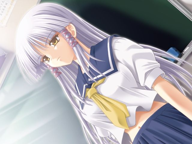 matra milan, araragi madoka, alma ~zutto soba ni…~, game cg, jpeg artifacts, non-web source, 1girl, dutch angle, female focus, long hair, navel, school uniform, serafuku, solo, white hair, yellow eyes