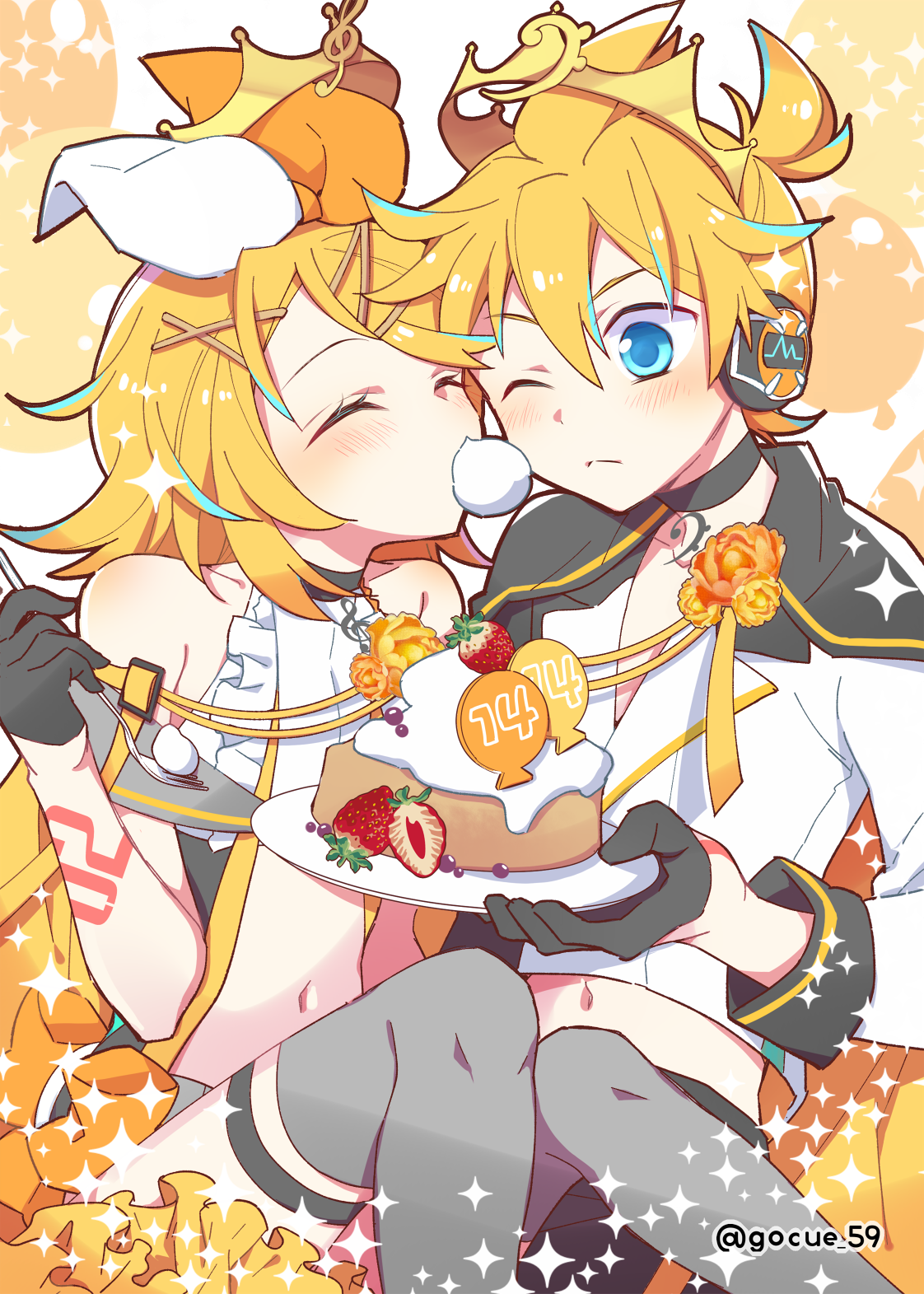 59 (seventhstar), kagamine len, kagamine rin, vocaloid, commentary request, highres, 1boy, 1girl, bass clef, birthday cake, black choker, black gloves, blonde hair, blue eyes, bow, cake, choker, closed eyes, crop top, crown, eating, food, frills, fruit, gloves, hair bow, hair ornament, hairpin, half gloves, light blush, looking at object, medium hair, midriff, multiple hairpins, navel, one eye closed, ponytail, shirt, short ponytail, strawberry, strawberry slice, thighhighs, treble clef, white shirt