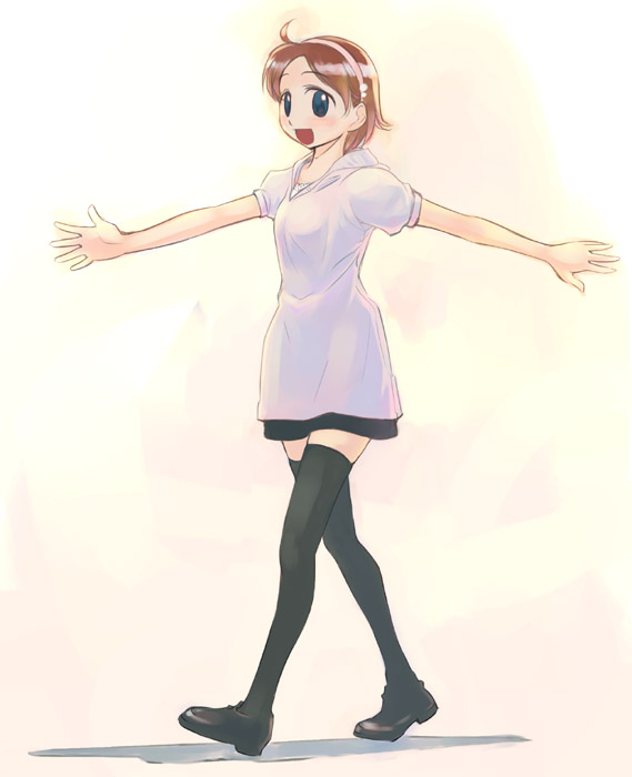ikeda jun (mizutamari), original, ahoge, blue eyes, brown hair, hairband, happy, short hair, solo, thighhighs
