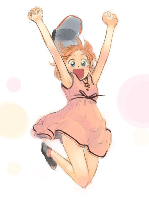 ikeda jun (mizutamari), original, 1girl, clenched hand, clenched hands, dress, female focus, happy, hat, jumping, orange hair, pink dress, short hair, solo, unworn hat, unworn headwear