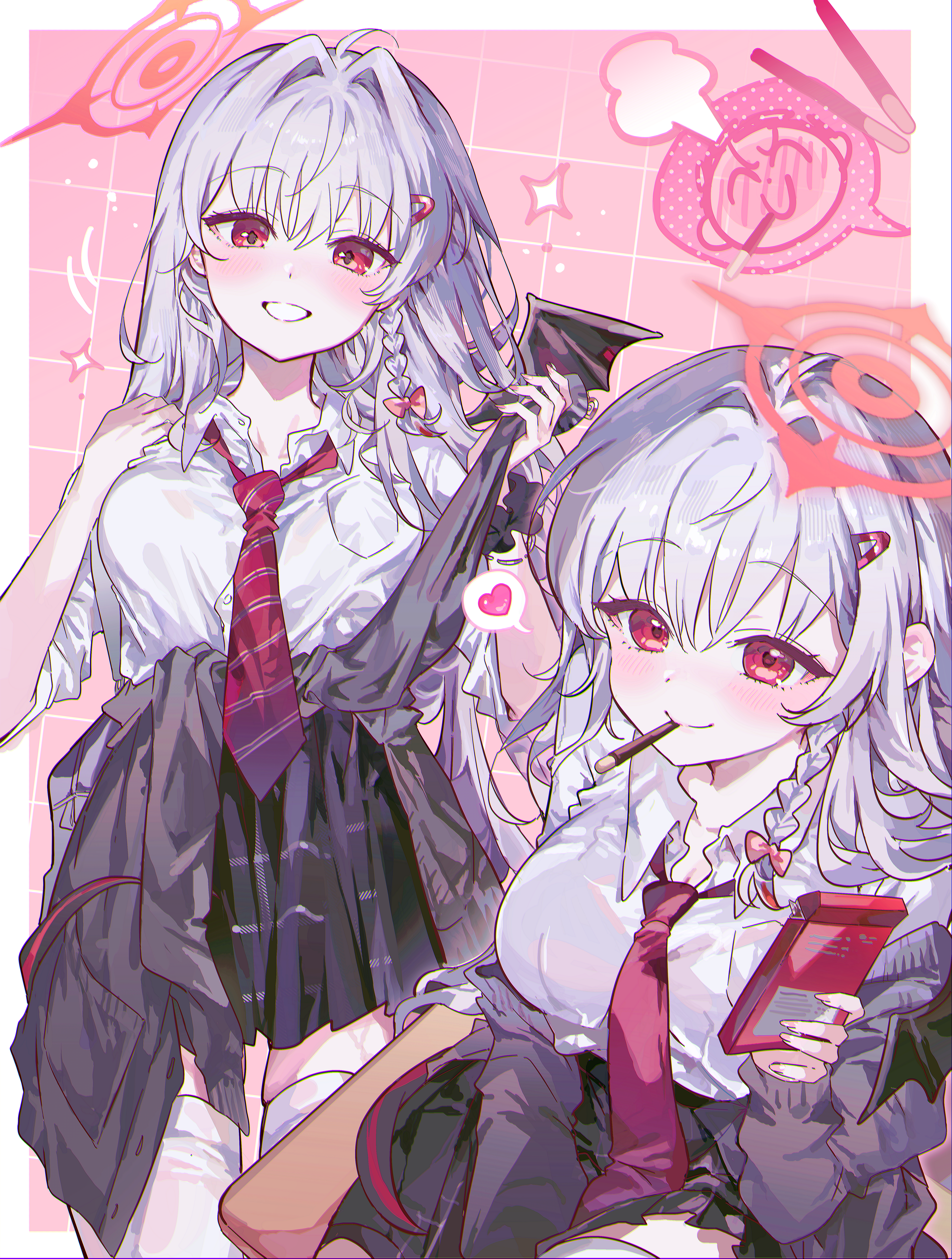0202ase, doodle sensei (blue archive), haruna (blue archive), sensei (blue archive), blue archive, absurdres, highres, 1girl, alternate costume, black cardigan, black skirt, border, braid, breasts, cardigan, cardigan around waist, clothes around waist, demon girl, demon tail, demon wings, diagonal-striped clothes, diagonal-striped necktie, food, food in mouth, grey hair, hair intakes, heart, multiple views, necktie, outside border, pleated skirt, pocky, pocky in mouth, red eyes, red necktie, school uniform, shirt, single braid, single wing, skirt, spoken character, spoken heart, striped clothes, tail, thighhighs, white border, white shirt, white thighhighs, wings