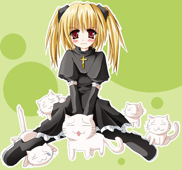 eve, eve (black cat), black cat (series), non-web source, 00s, 1girl, angry, black cat, blonde hair, blush, cat, cross, female focus, goth fashion, long hair, red eyes, solo, twintails