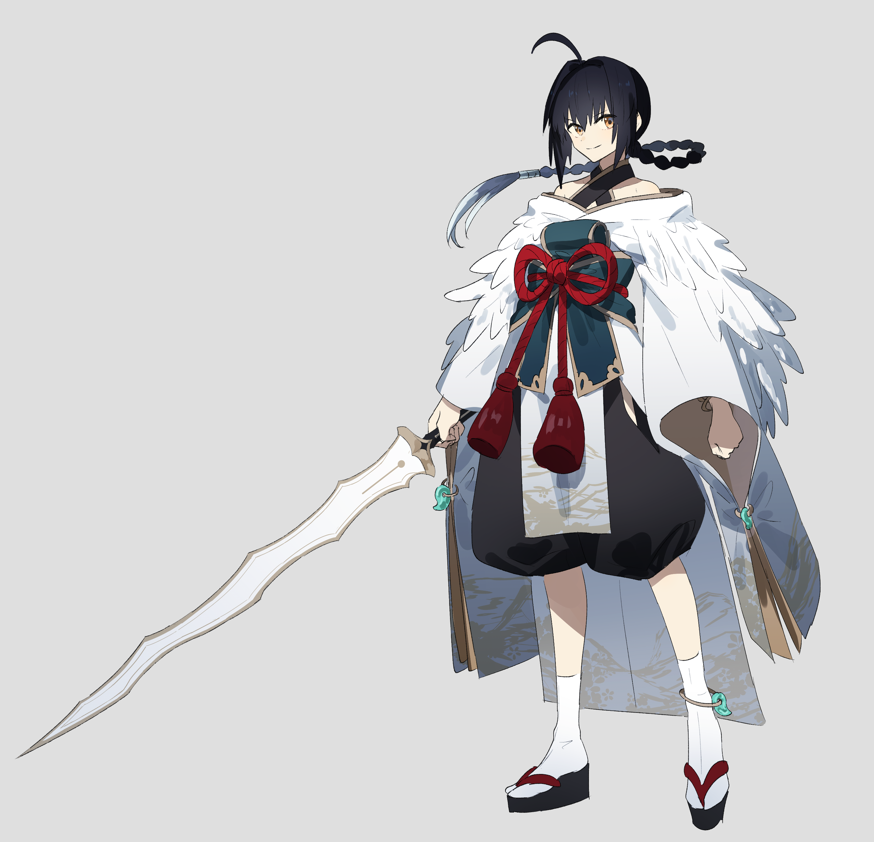 ninjin (ne f g o), yamato takeru (fate), fate/samurai remnant, fate (series), absurdres, commentary request, highres, 1other, ahoge, braid, closed mouth, full body, grey background, holding, holding sword, holding weapon, long sleeves, looking at viewer, magatama, other focus, platform sandals, sandals, smile, socks, solo, standing, sword, tassel, weapon, white socks