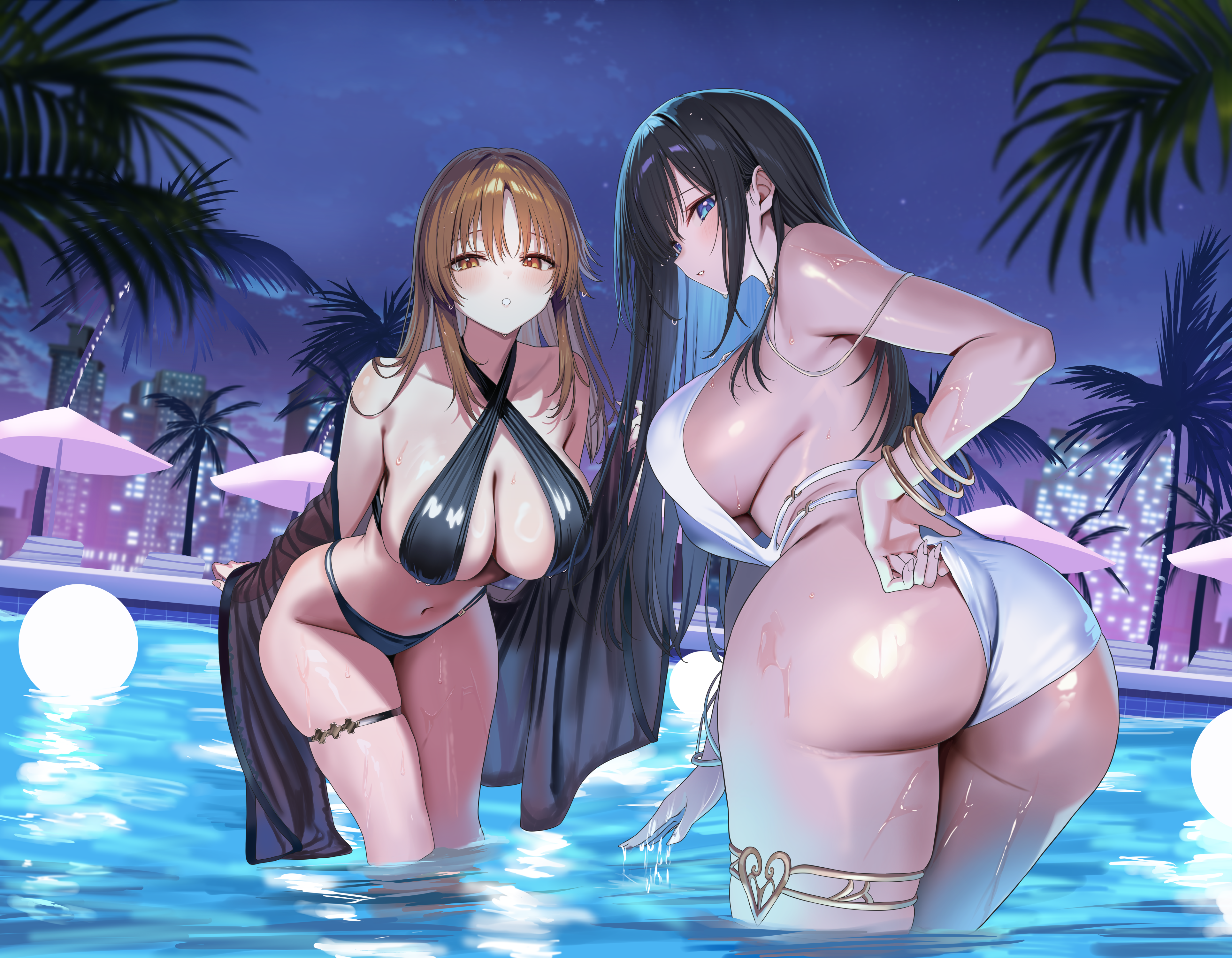 hidis0086, sagisawa fumika, totoki airi, idolmaster, idolmaster cinderella girls, absurdres, commission, highres, pixiv commission, 2girls, adjusting clothes, adjusting swimsuit, ass, bent over, bikini, black bikini, blue eyes, bracelet, breasts, brown eyes, brown hair, cleavage, curvy, jewelry, large breasts, leaning forward, looking at viewer, looking back, multiple girls, night, night sky, parted lips, pool, shawl, skindentation, sky, swimsuit, thigh strap, thighlet, thighs, tree, wading, water, wet, white bikini