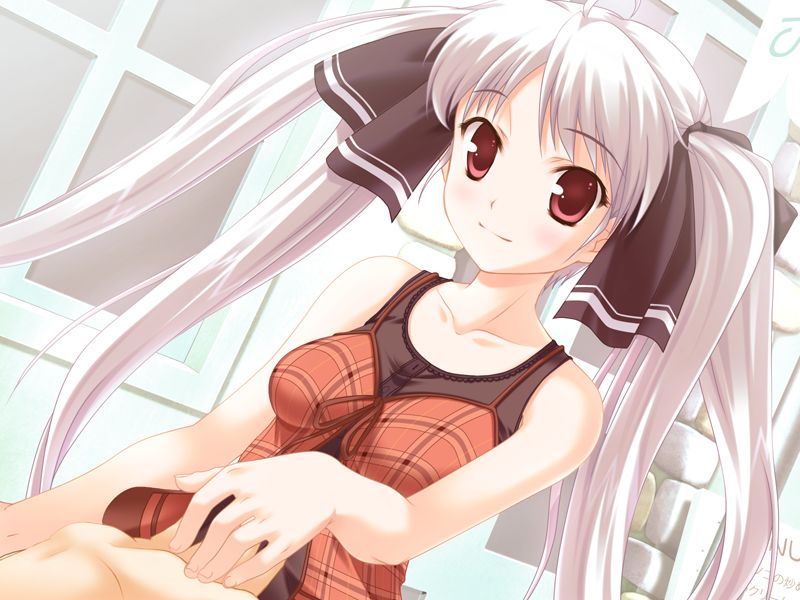sawazaki utaha, ren-ai training, game cg, jpeg artifacts, non-web source, 1girl, bare shoulders, dutch angle, long hair, red eyes, twintails, white hair