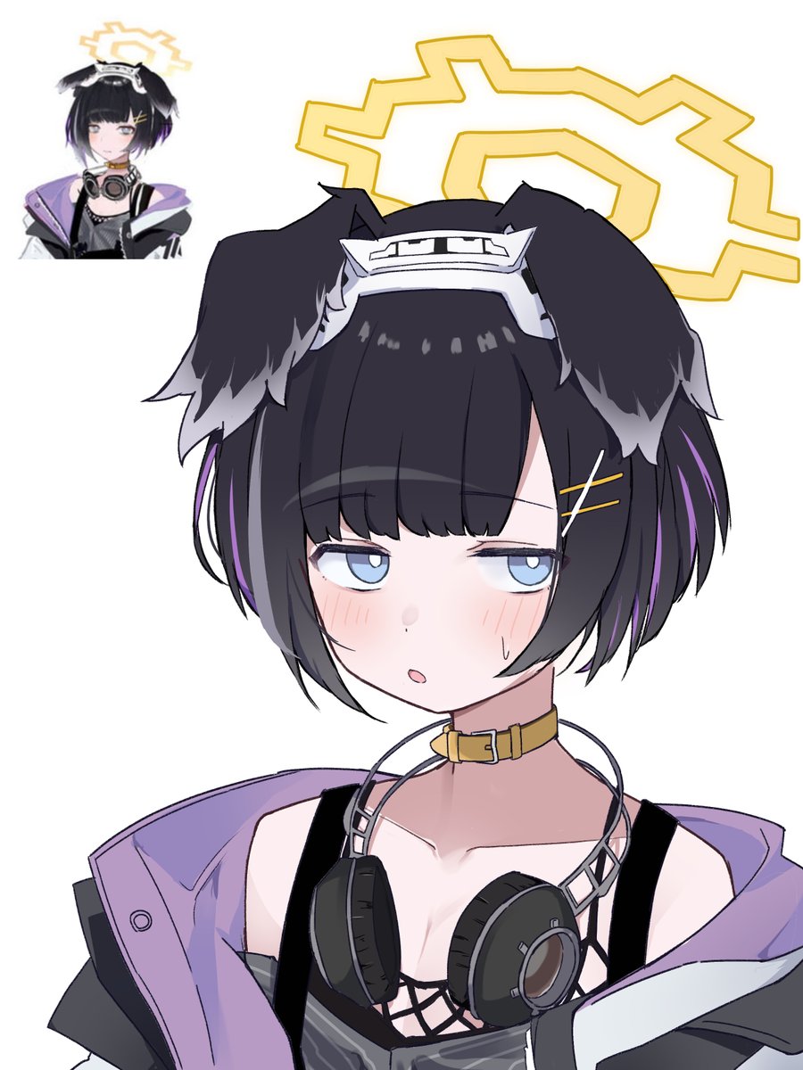 mibashi (hash1 bam1), hibiki (blue archive), blue archive, highres, 1girl, animal ears, black hair, blue eyes, blush, collar, dog ears, dog girl, hair ornament, hairclip, halo, headphones, jacket, mole, mole under eye, multicolored hair, official alternate hair length, official alternate hairstyle, official art inset, open clothes, open jacket, parted lips, purple hair, short hair, simple background, sweat, upper body, white background, yellow collar