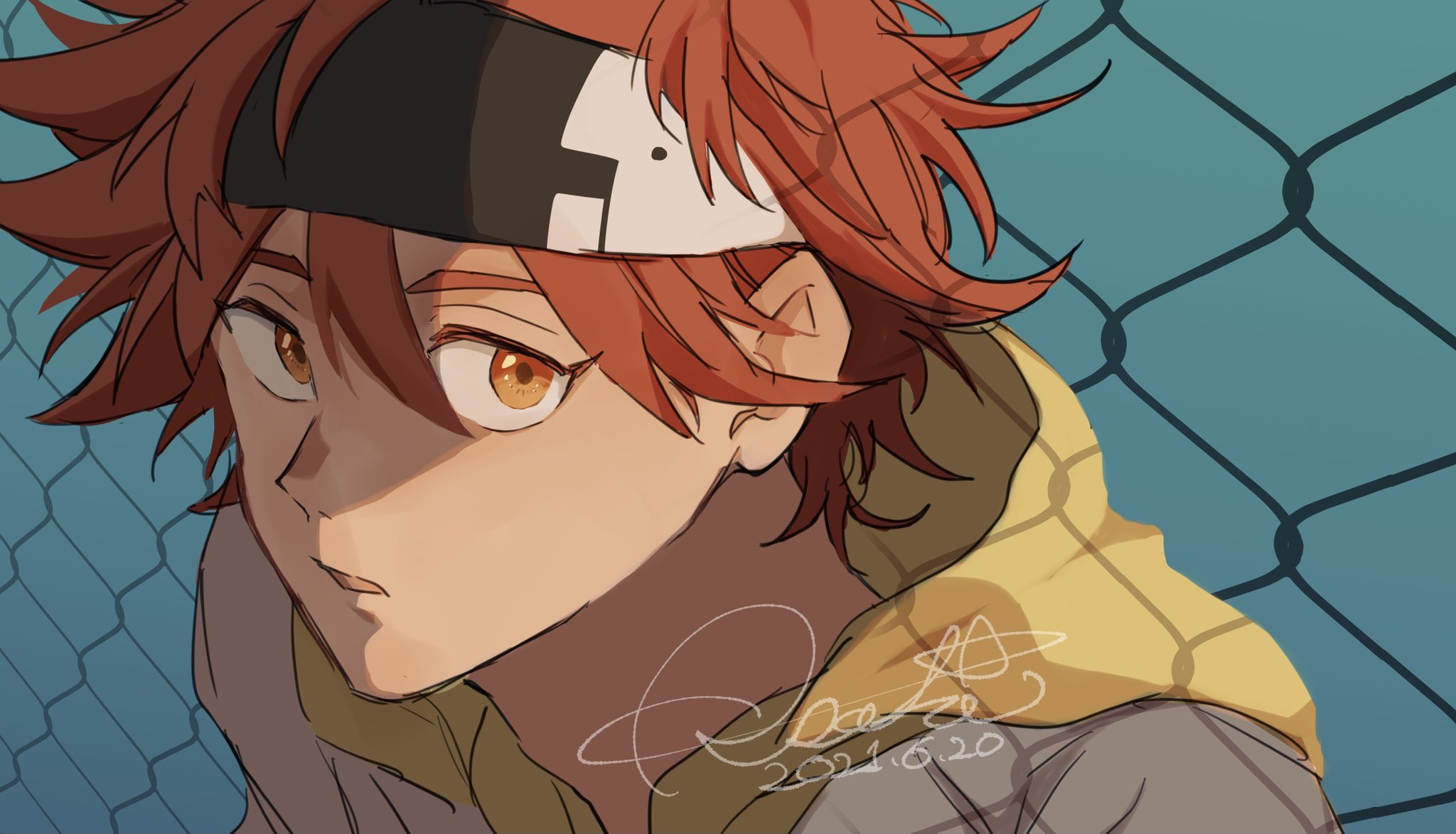 kyan reki, sk8 the infinity, commentary request, highres, 1boy, ash cst, black headband, chain-link fence, fence, hair between eyes, headband, hood, hood down, looking at viewer, male focus, parted lips, red eyes, red hair, shadow, short hair, signature, solo