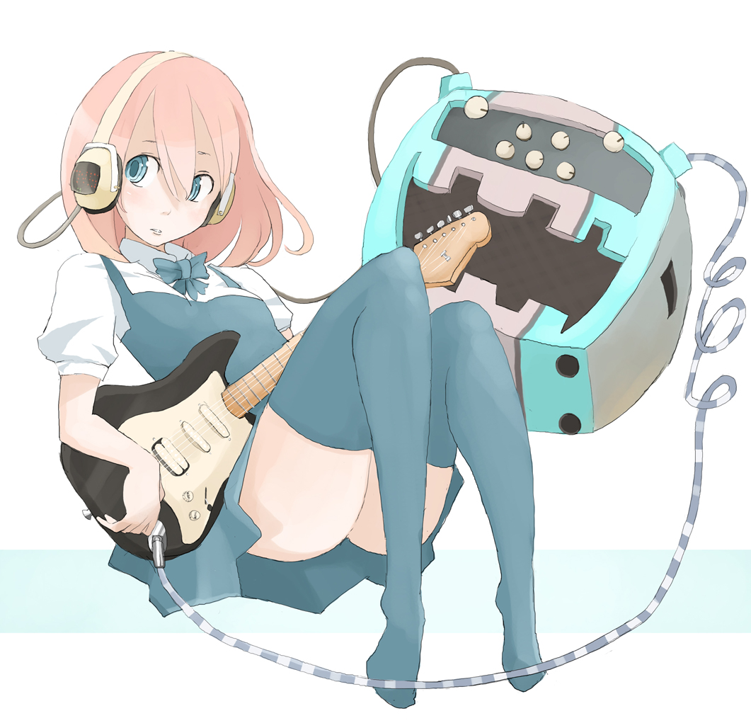tansuke, takagi (tansuke), original, 1girl, amplifier, blue eyes, cable, electric guitar, female focus, guitar, headphones, instrument, long hair, pink hair, solo, thighhighs