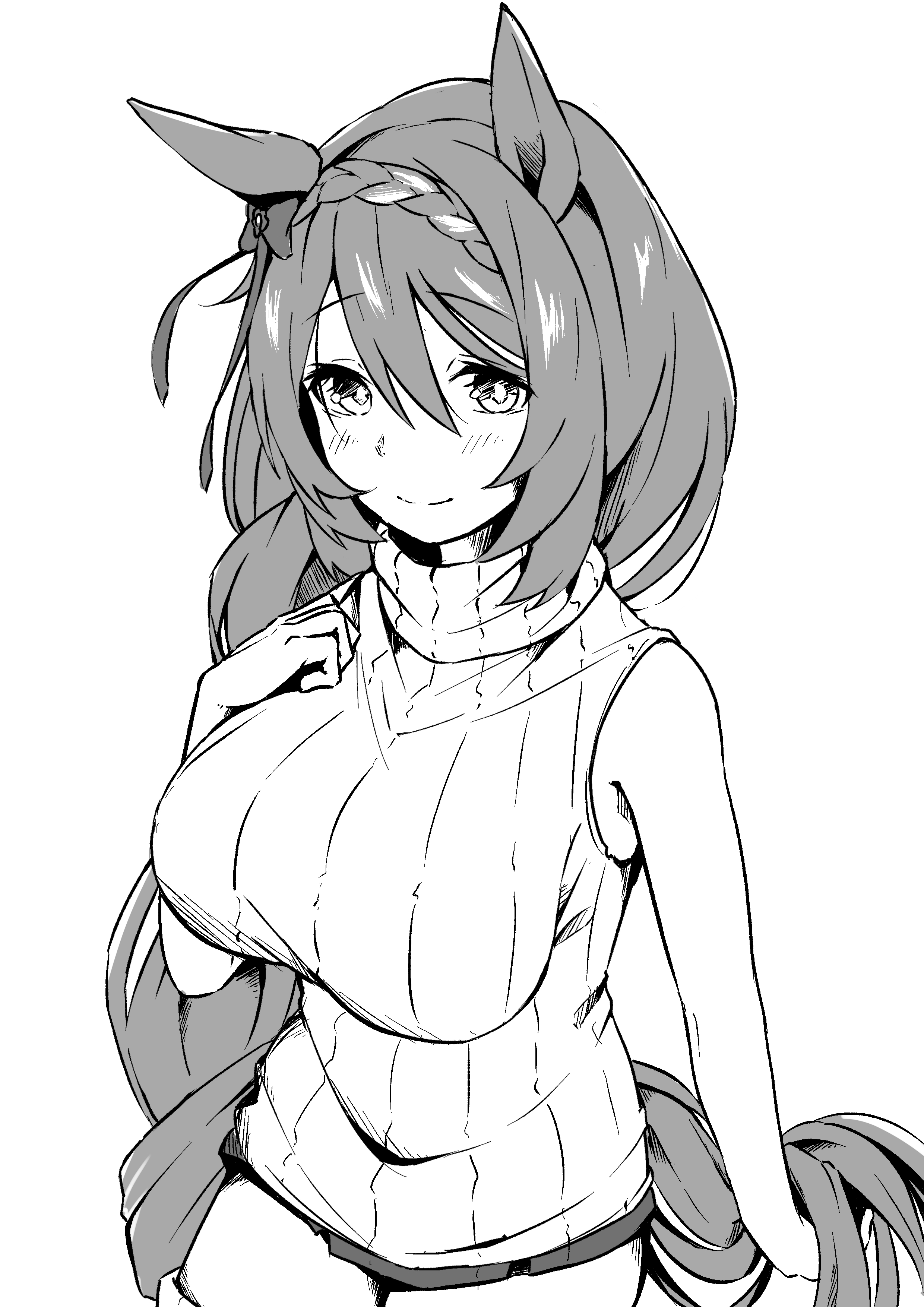 shijimi (sijimi1917), super creek (umamusume), umamusume, absurdres, commentary request, highres, 1girl, animal ears, blush, bow, braid, closed mouth, ear ribbon, greyscale, hair between eyes, horse ears, horse girl, horse tail, looking at viewer, monochrome, simple background, sleeveless, sleeveless sweater, solo, sweater, tail, turtleneck, turtleneck sweater, white background
