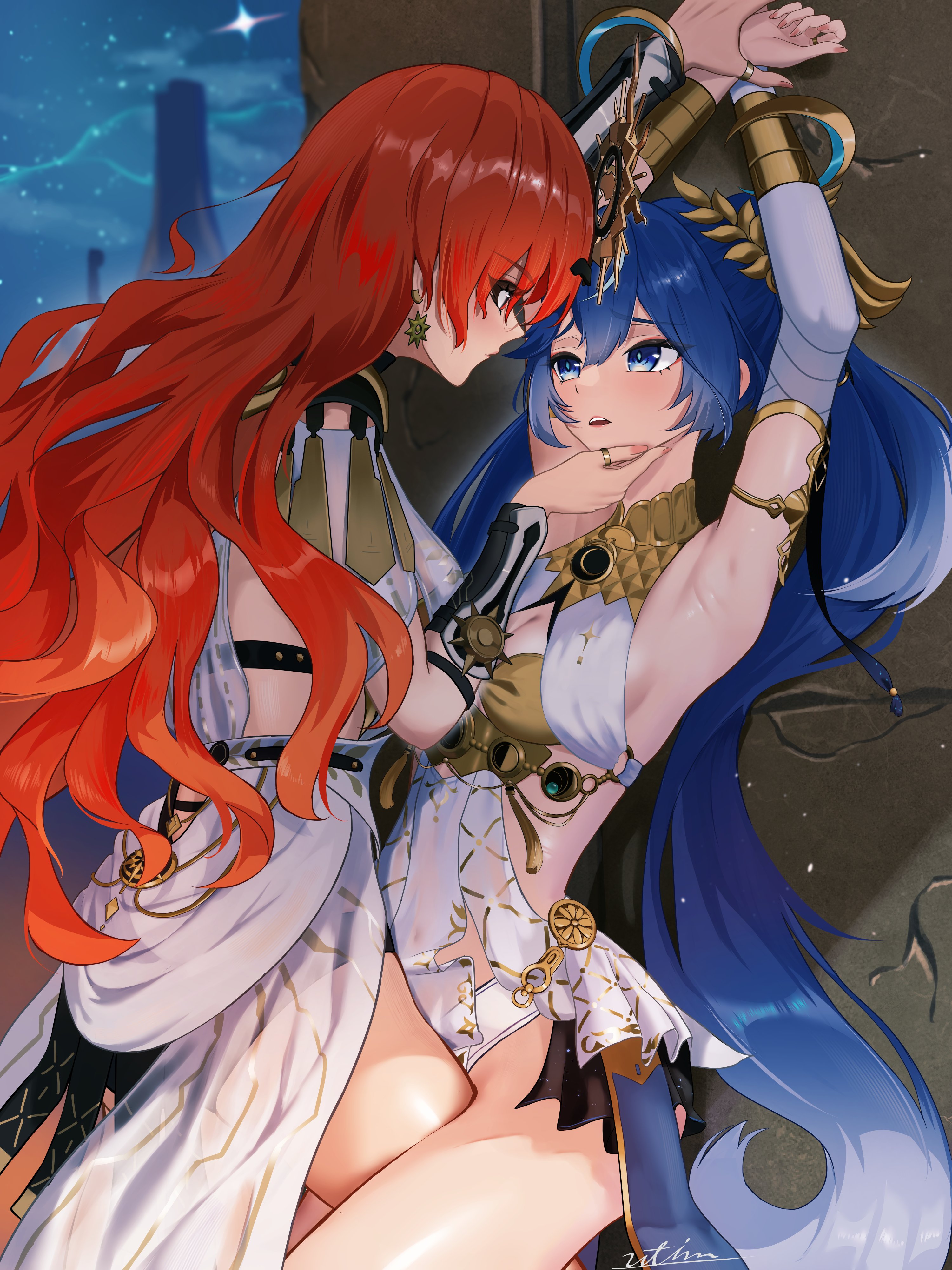 utim, augusta (wuthering waves), iuno (wuthering waves), wuthering waves, absurdres, commentary request, highres, 2girls, ancient greek clothes, arm armor, armlet, armpits, arms up, black skirt, blue eyes, blue hair, blush, breasts, cleavage, closed mouth, dress, earrings, eye contact, fingernails, gold bra, gradient hair, greco-roman clothes, hand on another's chin, headgear, jewelry, laurel crown, long hair, looking at another, medium breasts, multicolored hair, multiple girls, orange hair, parted lips, showgirl skirt, signature, skirt, sun earrings, thighs, vambraces, very long hair, white dress, yuri
