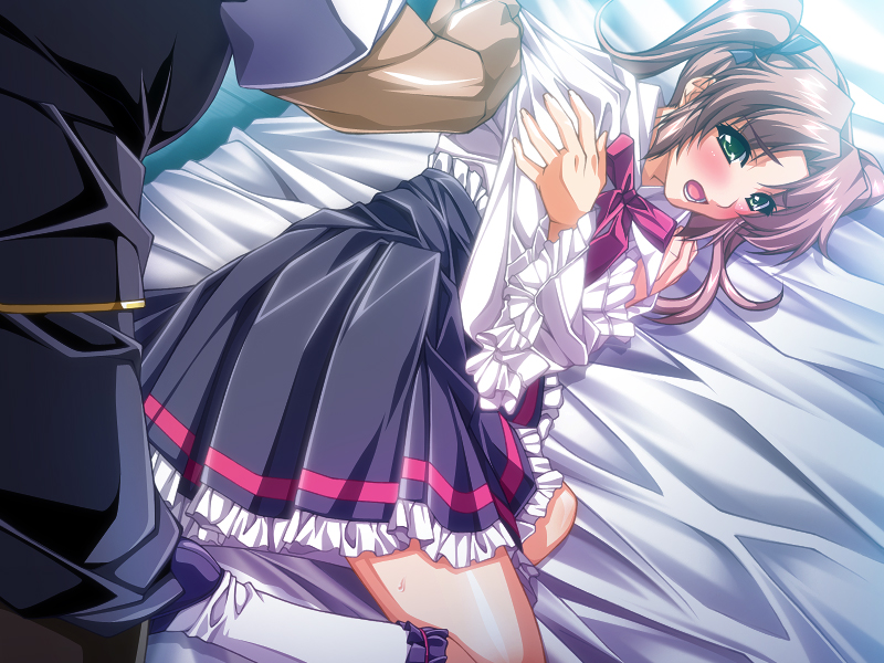 kuroishi ringo, sandy gregor, liquid (company), ryoujoku guerilla gari, ryoujoku guerilla gari 3, game cg, non-web source, 00s, 1boy, 1girl, bed, blush, frills, green eyes, hetero, imminent rape, red hair, solo focus, twintails, waitress