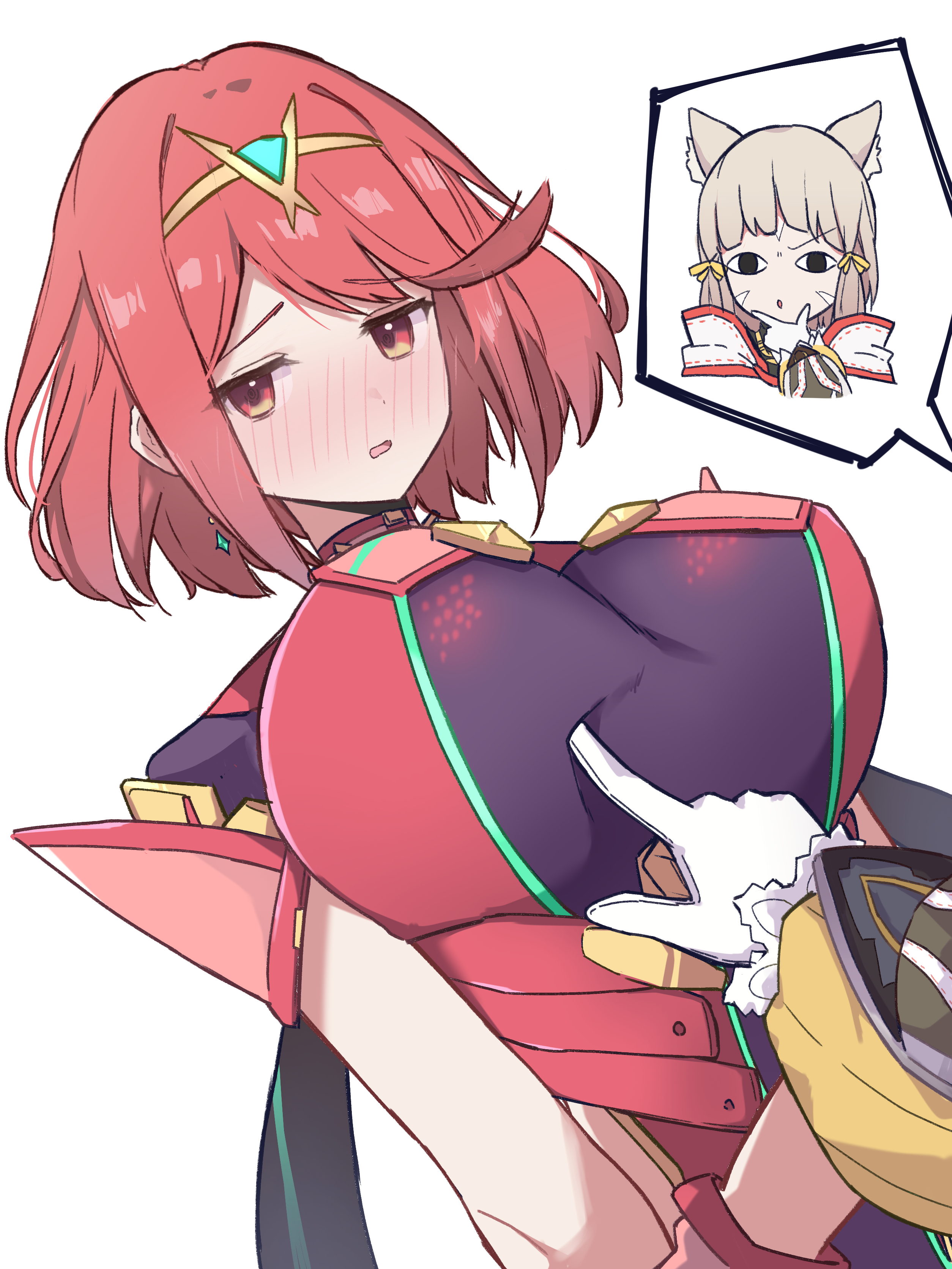 mibashi (hash1 bam1), nia (xenoblade), pyra (xenoblade), xenoblade chronicles (series), xenoblade chronicles 2, absurdres, commentary request, highres, 2girls, animal ears, black eyes, blush, breasts, cat ears, cat girl, earrings, gloves, grey hair, hair ribbon, headpiece, jewelry, large breasts, long sleeves, multiple girls, nose blush, parted lips, poking another's breast, red eyes, red hair, ribbon, simple background, solo focus, tiara, upper body, white background, white gloves, yellow ribbon