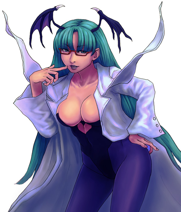 inomoto hiro, morrigan aensland, capcom, darkstalkers, 1girl, breasts, cleavage, female focus, glasses, green eyes, green hair, head wings, lab coat, long hair, matching hair/eyes, medium breasts, pantyhose, solo, wings