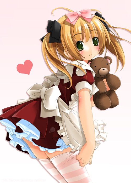 1girl, blonde hair, dress, female focus, frills, green eyes, heart, long hair, looking at viewer, pink thighhighs, solo, striped clothes, striped thighhighs, stuffed animal, stuffed toy, teddy bear, thighhighs, twintails, zettai ryouiki
