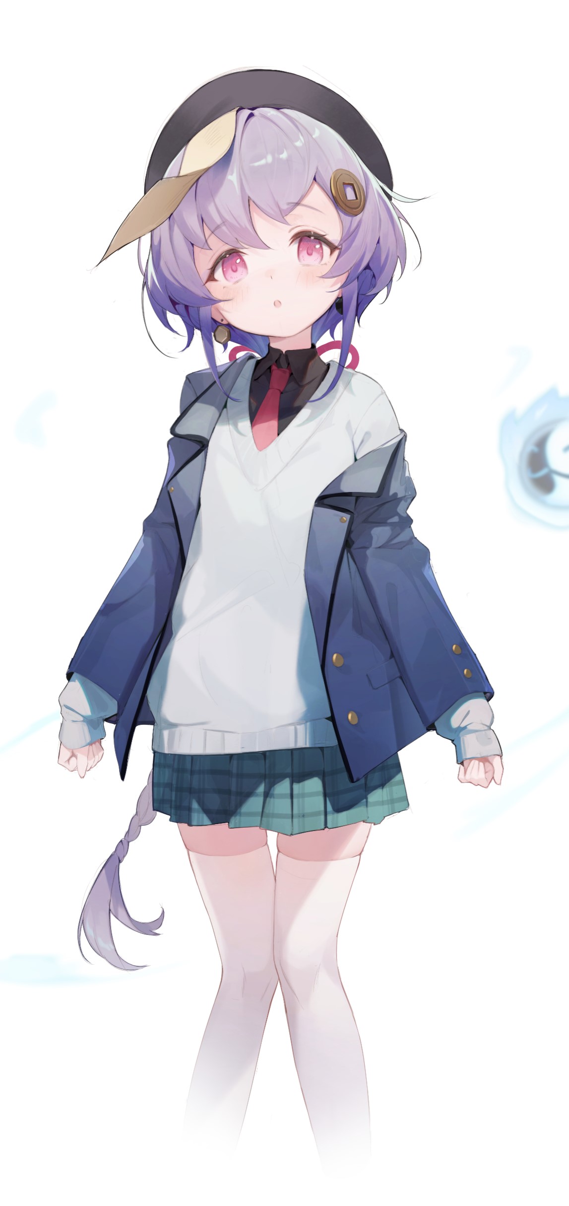 lumo 1121, qiqi (genshin impact), genshin impact, absurdres, commentary request, highres, 1girl, alternate costume, blazer, coin hair ornament, dress shirt, earrings, hair between eyes, hair ornament, hat, jacket, jewelry, jiangshi, long hair, long sleeves, necktie, ofuda, open mouth, pleated skirt, purple eyes, purple hair, red necktie, shirt, single earring, single off shoulder, skirt, sweater, thighhighs, white background, white sweater