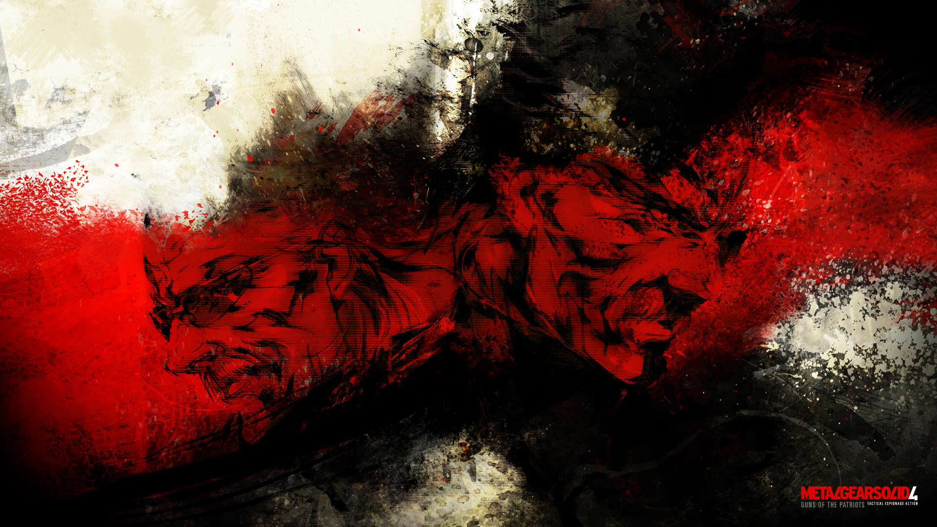 shinkawa youji, old snake, revolver ocelot, solid snake, konami, metal gear (series), metal gear solid 4: guns of the patriots, highres, official art, official wallpaper, 2boys, gradient background, male focus, monochrome, multiple boys