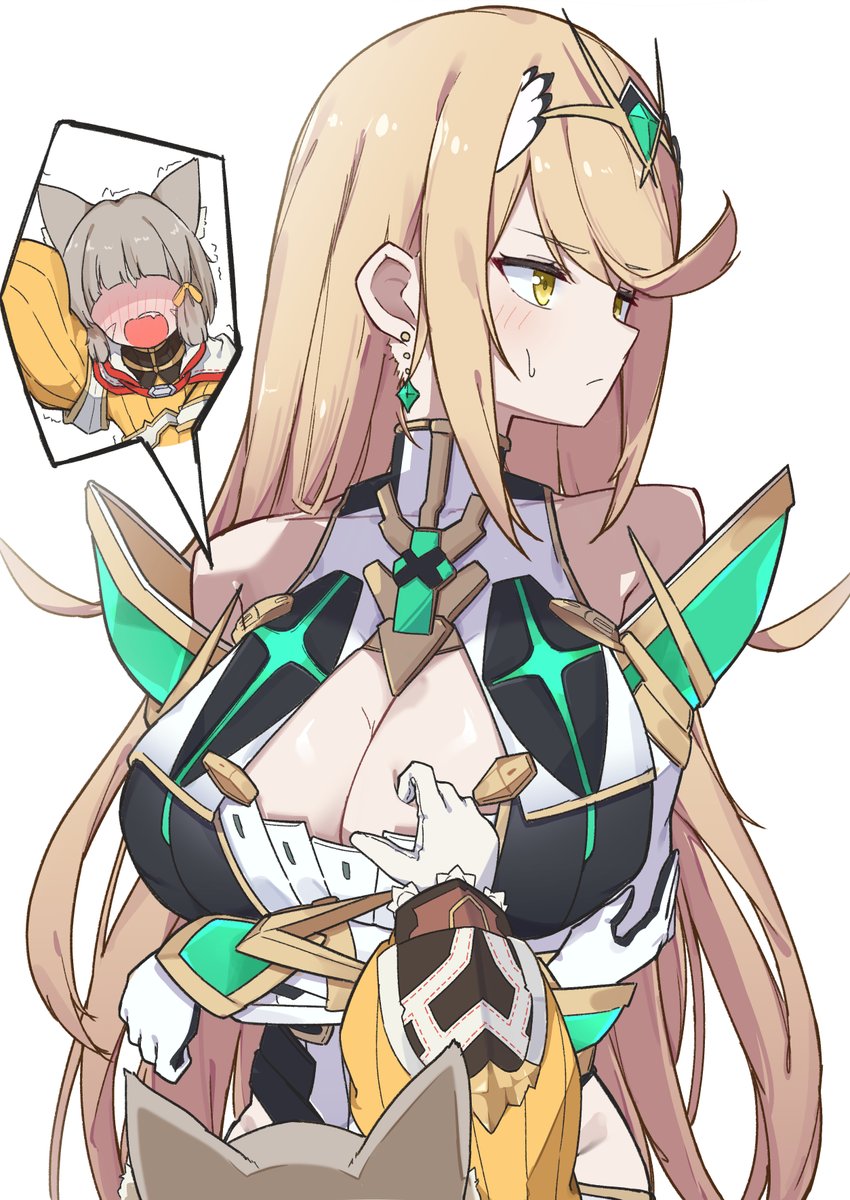 mibashi (hash1 bam1), mythra (xenoblade), xenoblade chronicles (series), xenoblade chronicles 2, highres, animal ears, bare shoulders, blonde hair, blush, breasts, cat ears, cat girl, chest jewel, cleavage, closed mouth, crossed arms, earrings, grey hair, headpiece, jewelry, large breasts, long hair, multiple girls, nose blush, poking another's breast, simple background, solo focus, tiara, trembling, very long hair, white background, yellow eyes