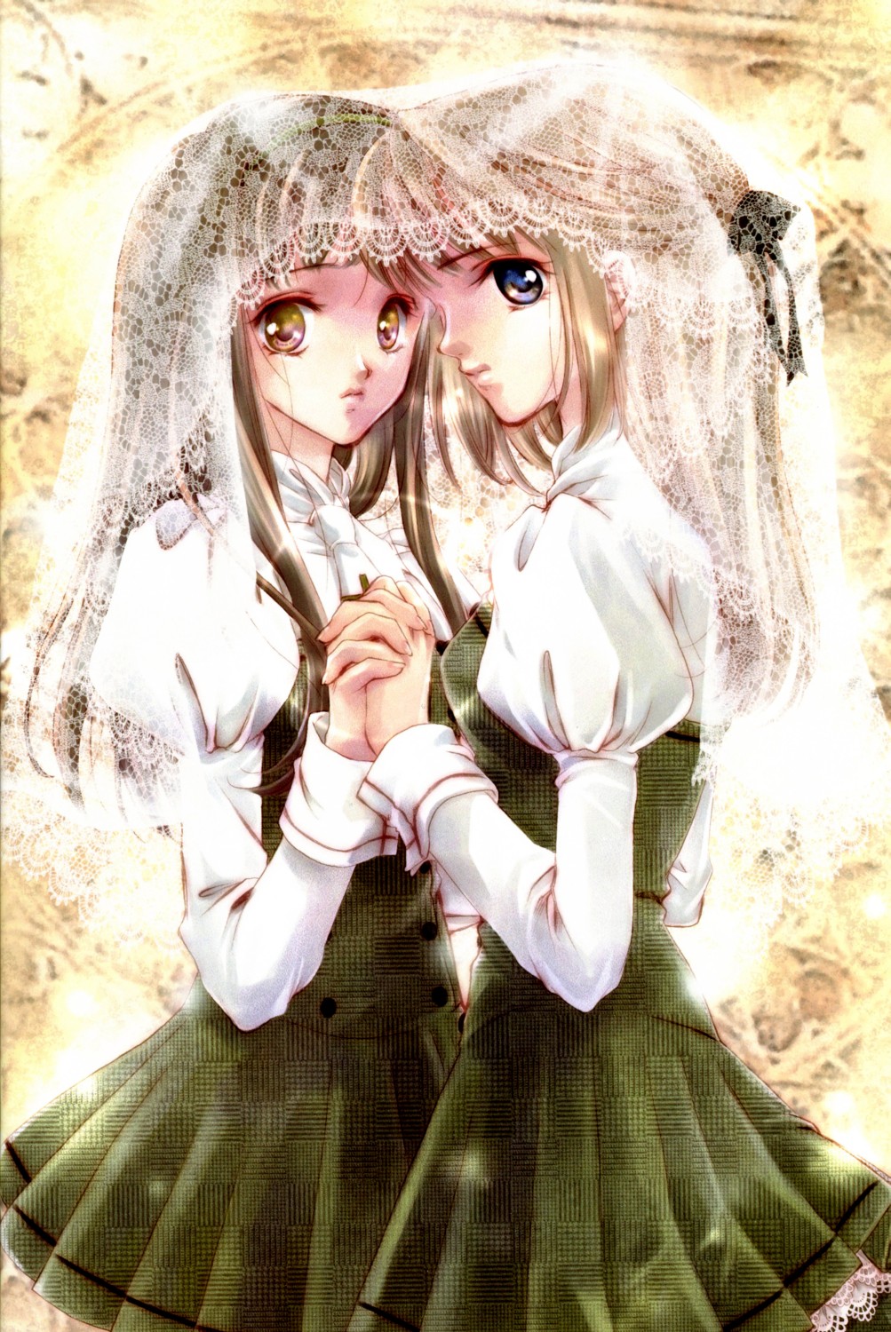 highres, 2girls, blue eyes, brown hair, dress, hairband, lace, long hair, multiple girls, ribbon, yellow eyes, yuri