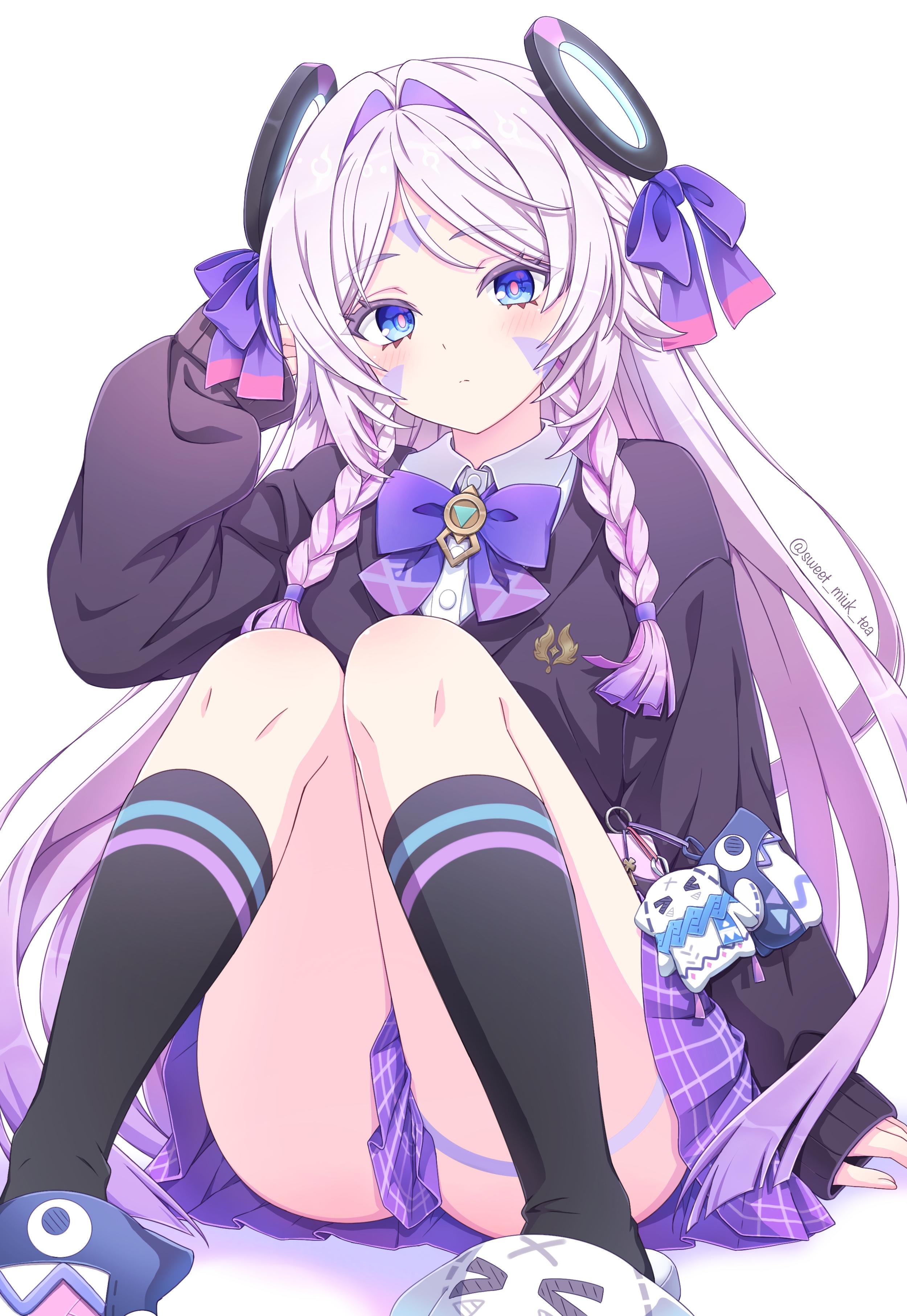 sweet miuk tea, citlali (genshin impact), citlalin (genshin impact), itzpapa (genshin impact), genshin impact, absurdres, commentary request, highres, 1girl, alternate costume, black socks, black sweater, blue eyes, blush, bow, bowtie, braid, closed mouth, facial mark, floating headgear, forehead mark, hands up, headgear, long hair, long sleeves, looking at viewer, pink hair, pink pupils, purple bow, purple bowtie, purple skirt, shirt, sitting, skirt, socks, solo, sweater, triangle, triangle facial mark, twin braids, twitter username, very long hair, white shirt