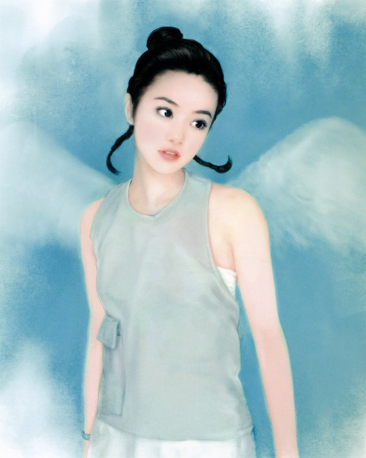 chen shu fen, highres, black eyes, black hair, realistic, short hair, sleeveless, solo, twintails, wings