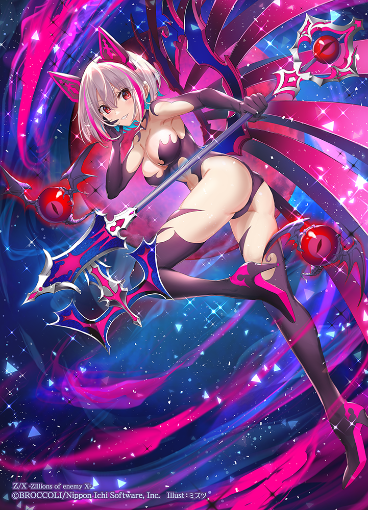 mizutsu, z/x, official art, 1girl, armpits, astalos (armor), blue hair, boots, breasts, cleavage, colored inner hair, copyright notice, elbow gloves, gloves, grey hair, hair ornament, hand on own cheek, hand on own face, high heel boots, high heels, holding, holding weapon, large breasts, light particles, looking back, monster, multicolored hair, pink hair, purple gloves, red eyes, revealing clothes, short hair, sparkle, thigh boots, weapon, white mouth, wings, yato urara