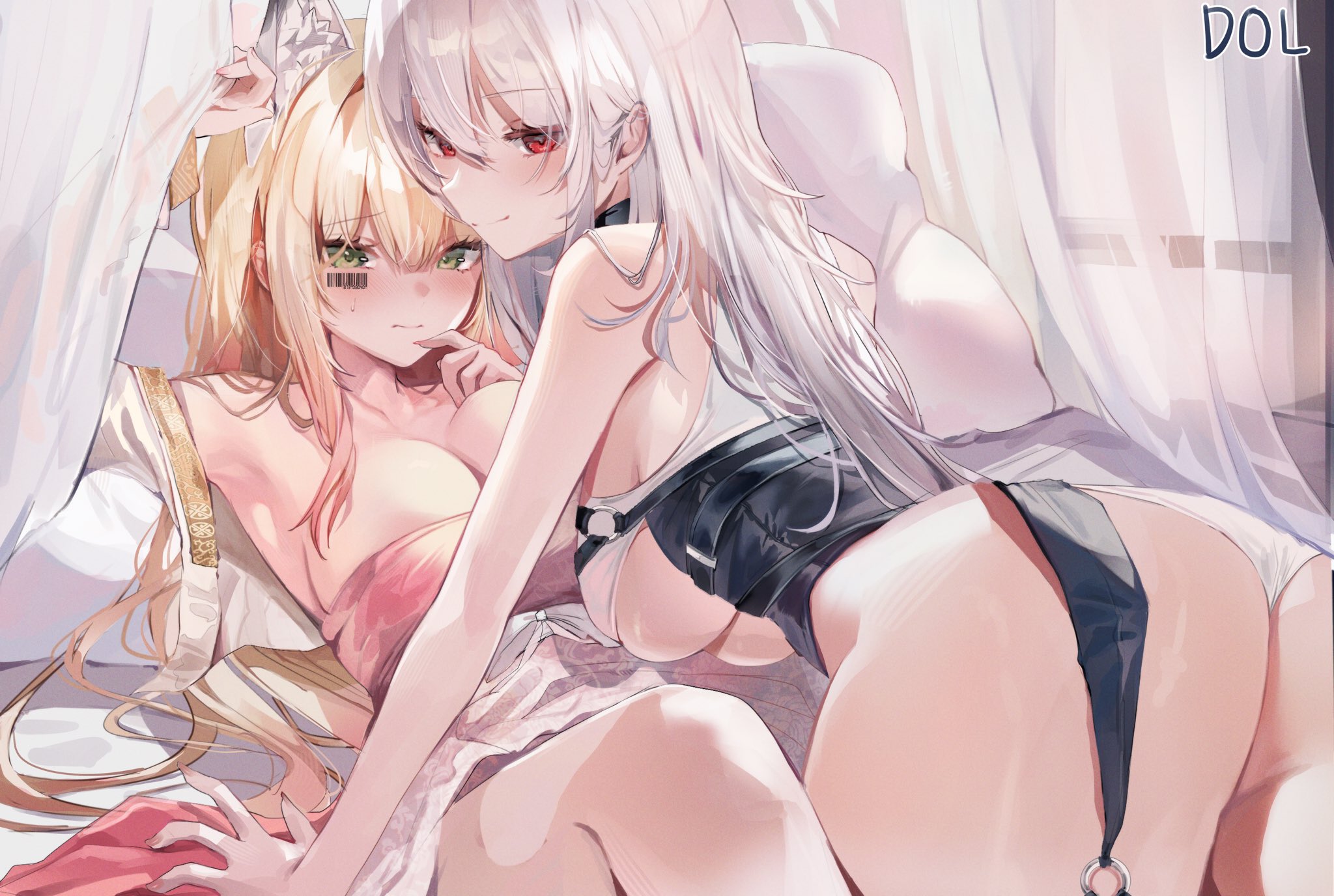 dolechan, dungeon and fighter, original, highres, 2girls, animal ears, arm up, armpits, ass, barcode, barcode tattoo, bare arms, bare shoulders, bed, blonde hair, breasts, canopy bed, cleavage, closed mouth, facial mark, from behind, frown, girl on top, green eyes, large breasts, long hair, looking at viewer, looking back, lying, multiple girls, on back, open clothes, open shirt, panties, pillow, reclining, red eyes, smile, sweatdrop, tattoo, underboob, underbust, underwear, white hair, white panties, yuri