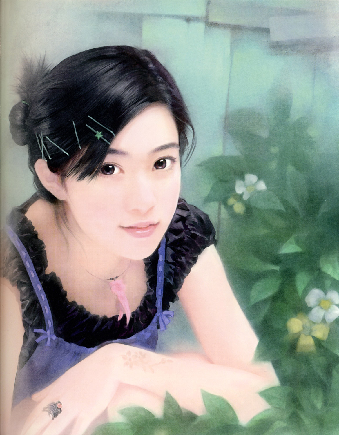 chen shu fen, highres, black eyes, black hair, flower, hair ornament, hairclip, jewelry, leaf, necklace, realistic, ring, smile, solo