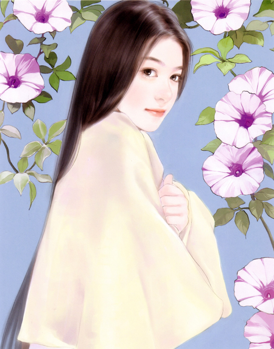 chen shu fen, highres, black eyes, brown hair, flower, long hair, realistic, smile, solo