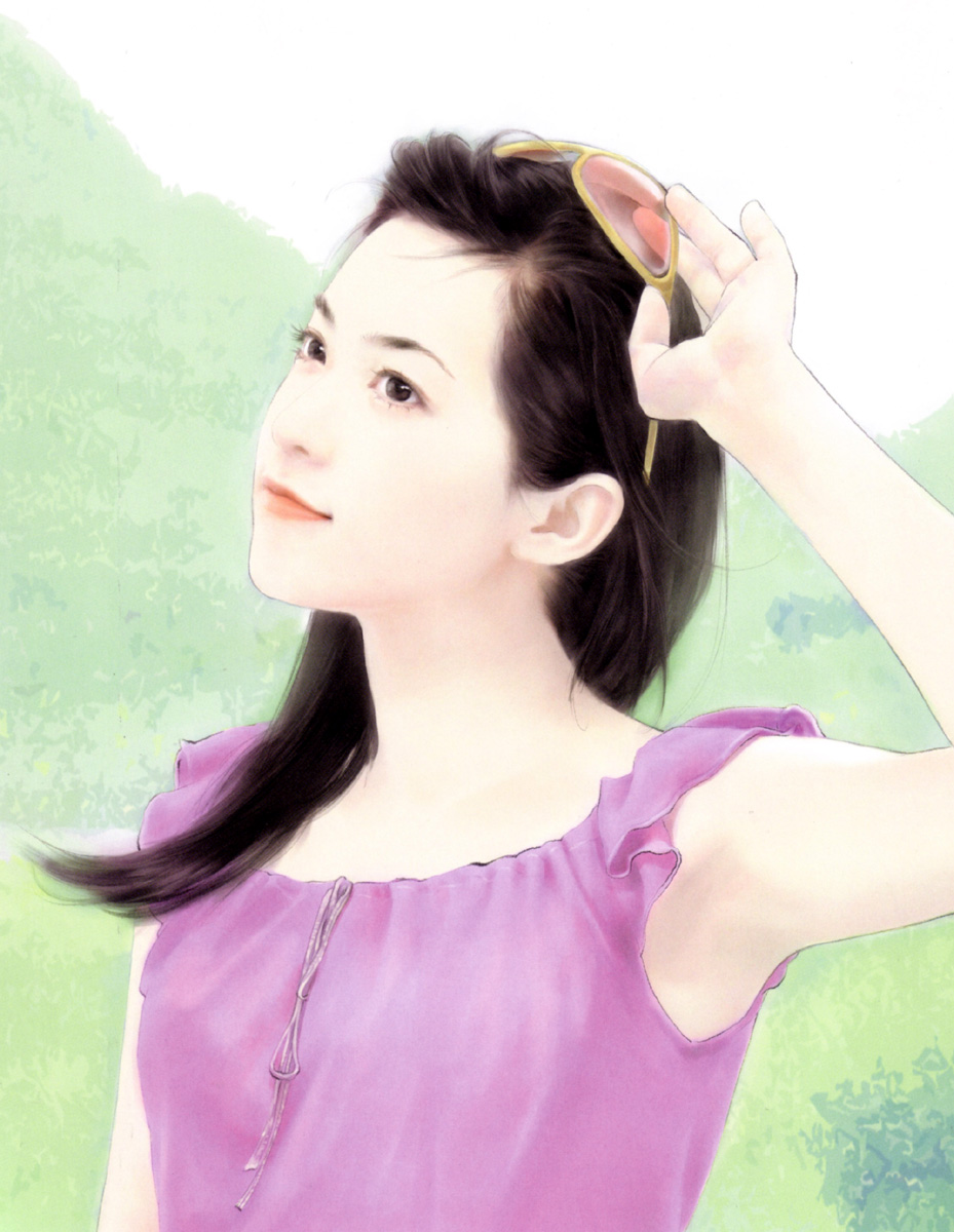 chen shu fen, highres, black eyes, black hair, glasses, long hair, realistic, smile, sunglasses