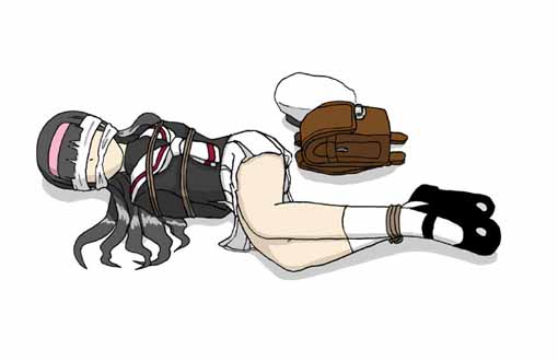 daidouji tomoyo, cardcaptor sakura, 1990s (style), 1girl, arms behind back, backpack, bag, bdsm, black hair, black shoes, blindfold, bondage, bound, cleave gag, cloth gag, female focus, gag, gagged, hairband, hat, improvised gag, long hair, mary janes, randoseru, retro artstyle, rope, school uniform, shoes, simple background, socks, solo, tomoeda middle school uniform, unworn hat, unworn headwear, white background, white socks