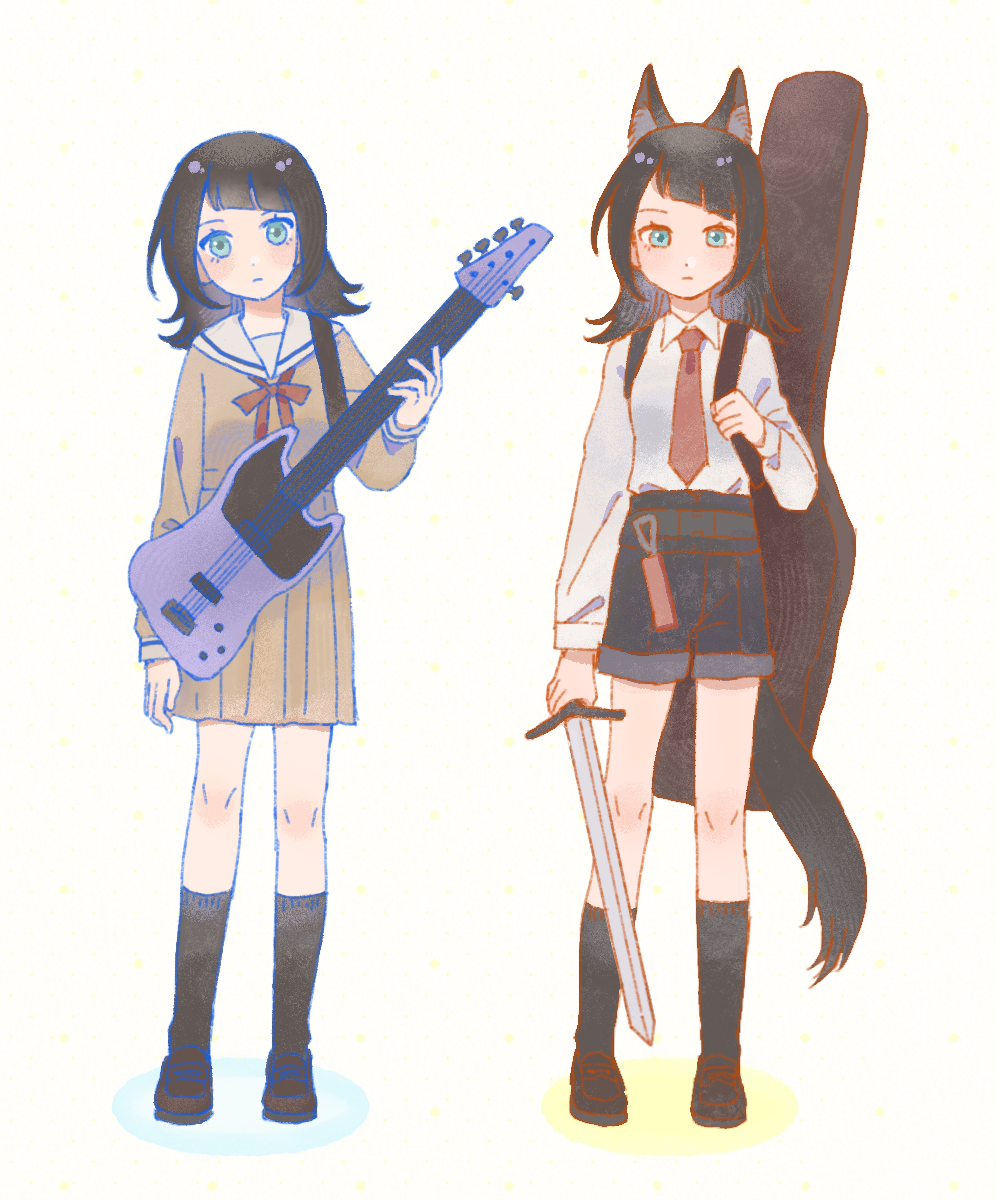 yahata umiri, yahata umiri (moonlight executioner), arknights, bang dream!, bang dream! it's mygo!!!!!, chinese commentary, commentary request, highres, 2girls, animal ear fluff, animal ears, bass guitar, black hair, black shoes, black shorts, black socks, blue eyes, brown dress, closed mouth, collared shirt, dress, dual persona, full body, hanasakigawa school uniform, holding, holding instrument, holding sword, holding weapon, instrument, instrument case, kemonomimi mode, loafers, long hair, long sleeves, looking at viewer, medium hair, multiple girls, neck ribbon, necktie, ni zai zhi, red necktie, red ribbon, ribbon, sailor dress, school uniform, shirt, shoes, shorts, simple background, socks, standing, sword, tail, weapon, white background, white shirt, winter uniform, wolf ears, wolf girl, wolf tail
