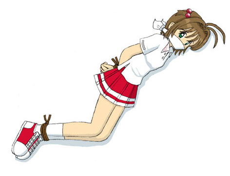 kinomoto sakura, cardcaptor sakura, lowres, 1990s (style), 1girl, arms behind back, bdsm, bondage, bound, bound ankles, bound wrists, brown hair, cloth gag, female focus, gag, gagged, green eyes, hair bobbles, hair ornament, improvised gag, looking at viewer, miniskirt, retro artstyle, rope, shirt, short hair, simple background, skirt, solo, t-shirt, white background