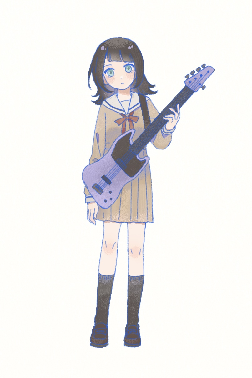 yahata umiri, bang dream!, bang dream! it's mygo!!!!!, chinese commentary, commentary request, highres, 1girl, bass guitar, black hair, black shoes, black socks, blue eyes, brown dress, closed mouth, dress, full body, hanasakigawa school uniform, holding, holding instrument, instrument, loafers, long sleeves, looking at viewer, medium hair, neck ribbon, ni zai zhi, red ribbon, ribbon, sailor dress, school uniform, shoes, simple background, socks, solo, standing, white background, winter uniform