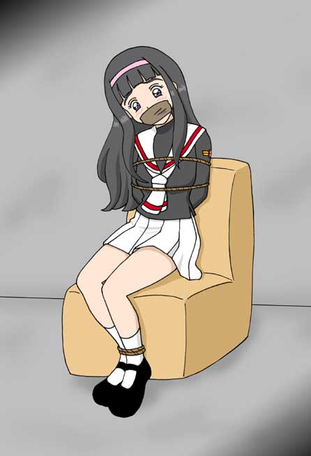 daidouji tomoyo, cardcaptor sakura, 1990s (style), 1girl, arms behind back, bdsm, black hair, black shoes, bondage, bound, chair, female focus, gag, hairband, improvised gag, indoors, long hair, mary janes, retro artstyle, rope, shoes, sitting, skirt, socks, solo, tape, tape gag, white socks
