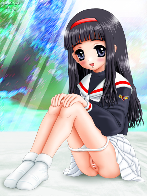 akabaku, daidouji tomoyo, cardcaptor sakura, 1990s (style), 1girl, anus, bar censor, black hair, blush, bobby socks, censored, cleft of venus, female focus, hairband, happy, loli, long hair, no shoes, panties, panty pull, pointless censoring, pussy, retro artstyle, school uniform, serafuku, smile, socks, solo, tomoeda middle school uniform, underwear