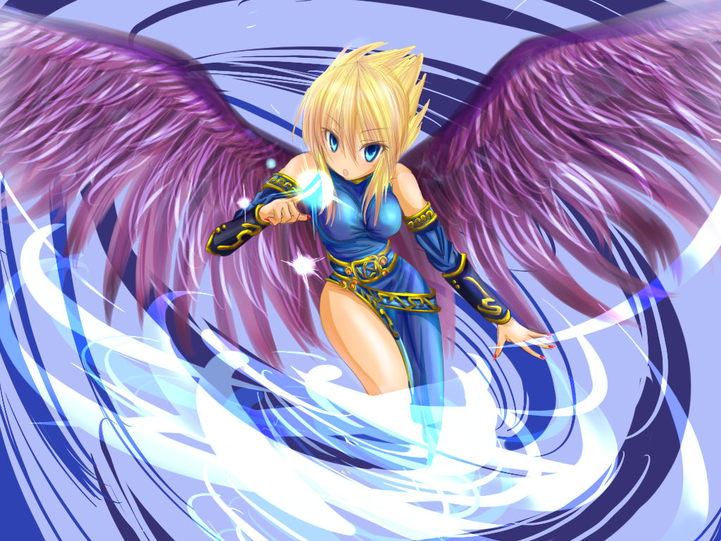 sato toshiya, nina (breath of fire ii), breath of fire, breath of fire ii, bad id, bad pixiv id, 1girl, angel wings, black wings, blonde hair, blue eyes, detached sleeves, dress, fingernails, long fingernails, magic, nail (hardware), nail polish, red nails, side slit, thighs, wings