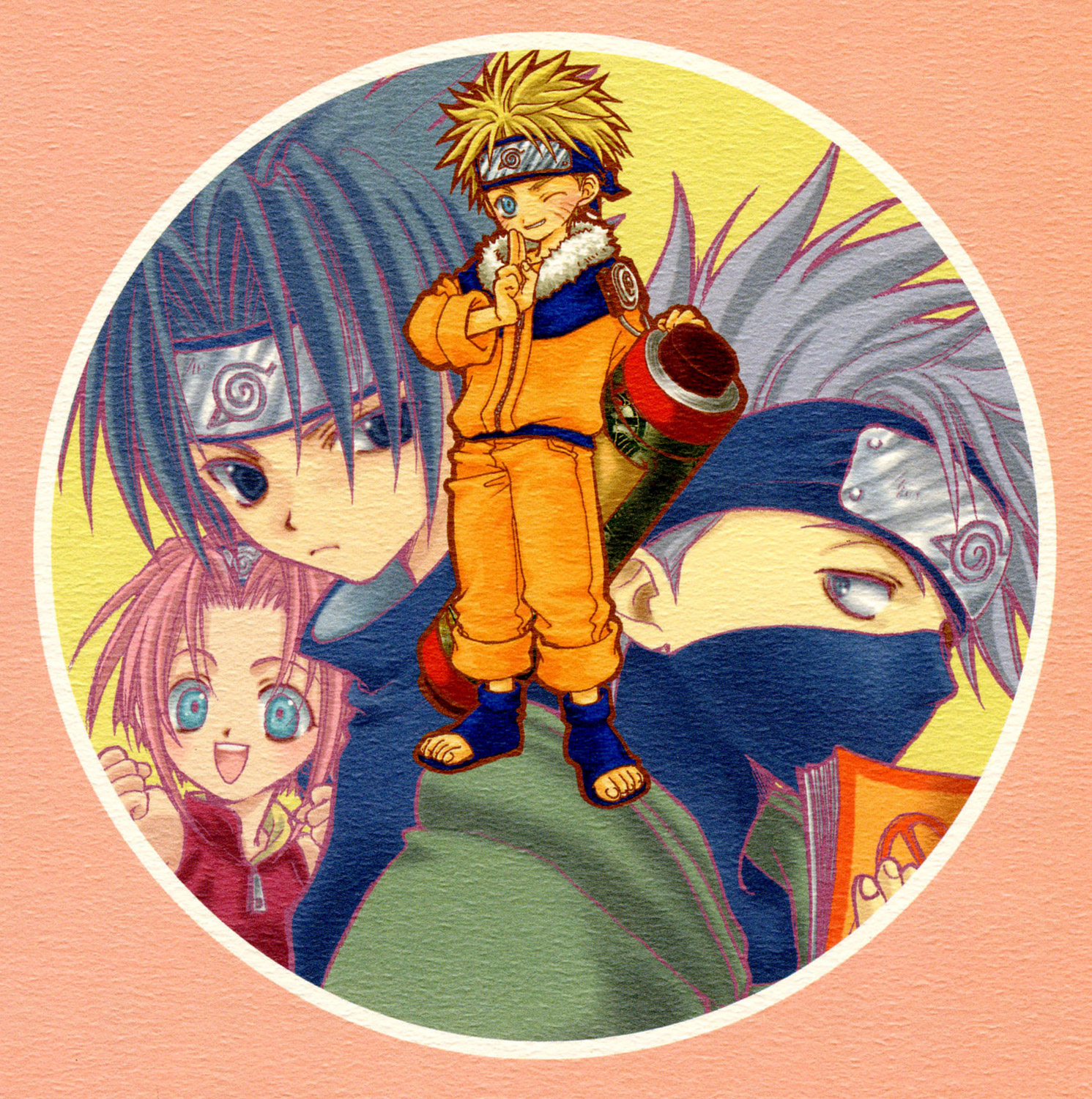 azumi tooru, tohru adumi, haruno sakura, hatake kakashi, uchiha sasuke, uzumaki naruto, naruto (classic), naruto (series), silver hair, uniform, highres, 1girl, 3boys, black hair, blonde hair, blue eyes, blush, clenched hands, covered mouth, full body, headband, looking at viewer, mask, mouth mask, multiple boys, ninja mask, pink hair, profile, sandals, short hair, spiked hair, toes