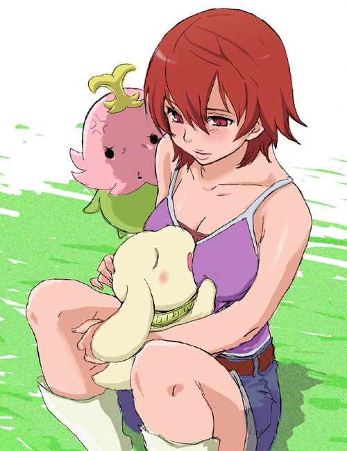 fujieda yoshino, lalamon, plotmon, digimon, digimon savers, artist request, 1girl, angry, belt, between breasts, blush, boots, breasts, camisole, cleavage, denim, denim shorts, digimon (creature), grass, red eyes, red hair, short hair, shorts, sitting
