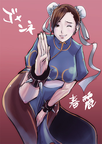 socha (pixiv99744), chun-li, capcom, street fighter, lowres, 1girl, bad anatomy, bracelet, brown hair, bun cover, china dress, chinese clothes, double bun, dress, female focus, hair bun, jewelry, one eye closed, pantyhose, pelvic curtain, ribbon, smile, solo, spiked bracelet, spikes, wink