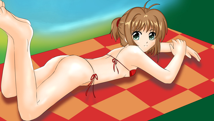 kinomoto sakura, cardcaptor sakura, 1990s (style), 1girl, bikini, blanket, breasts, brown hair, female focus, green eyes, looking at viewer, looking back, lying, on stomach, ponytail, red bikini, retro artstyle, short hair, side-tie bikini bottom, small breasts, smile, solo, swimsuit, thong bikini