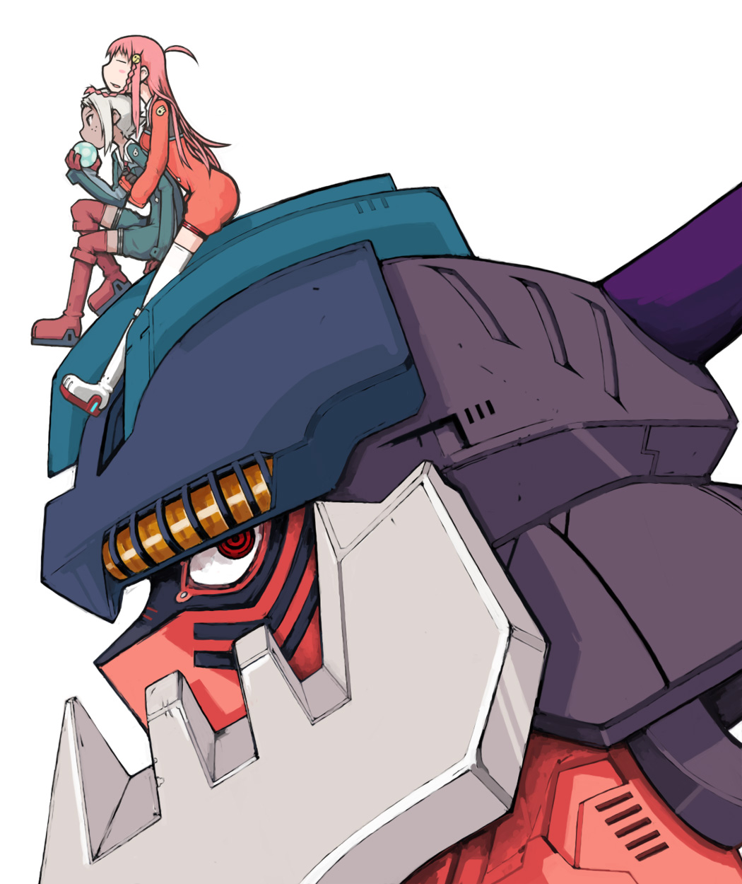 dix-neuf, lal'c mellk mal, nono (top wo nerae 2!), top wo nerae! (series), top wo nerae 2!, highres, 00s, 2girls, dark-skinned female, dark skin, eating, long hair, mecha, multiple girls, pink hair, robot, romper, short hair, thighhighs, white hair